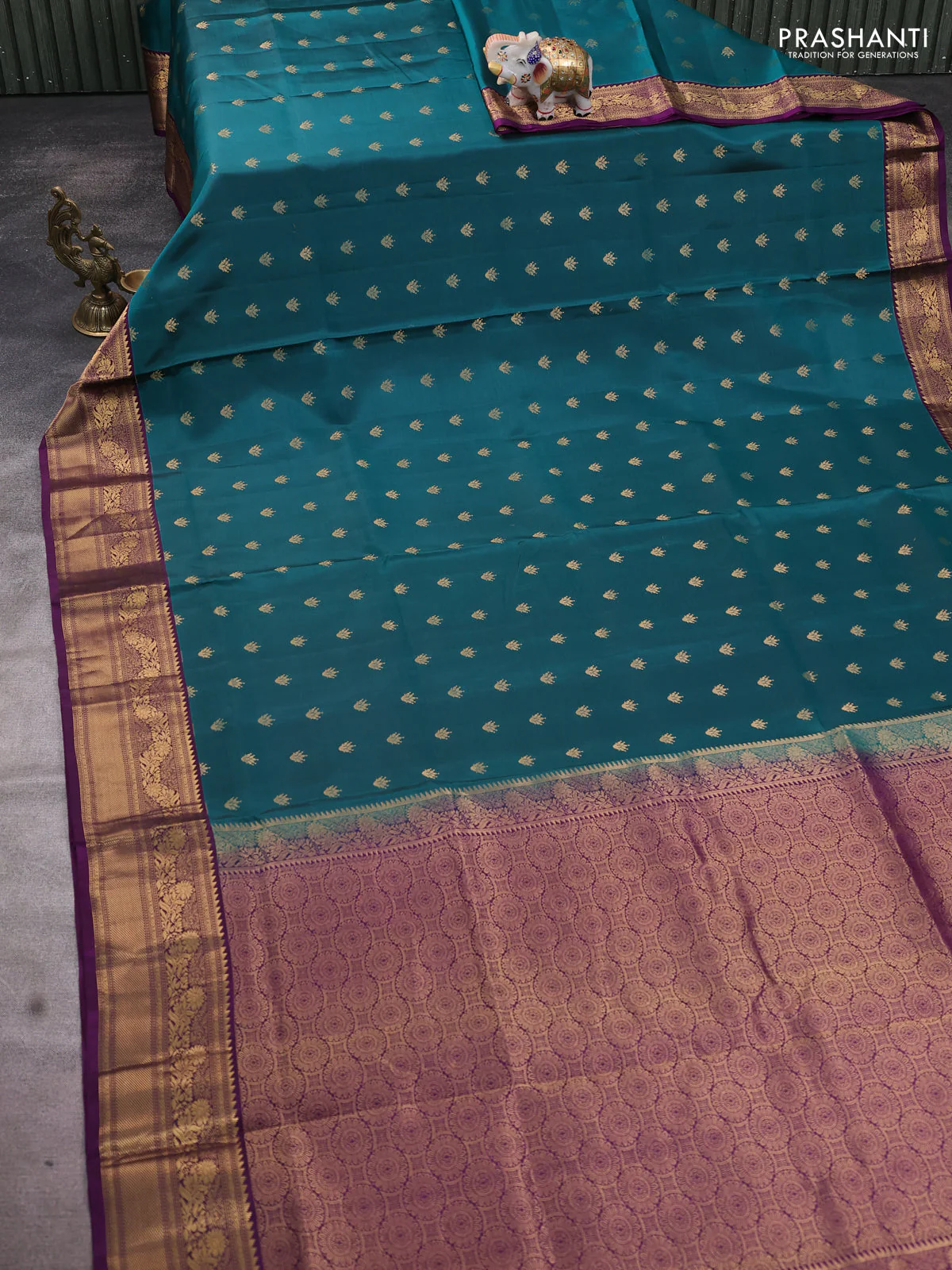 Pure soft silk saree peacock green and deep purple with allover zari woven buttas and rich zari woven border - Image 2