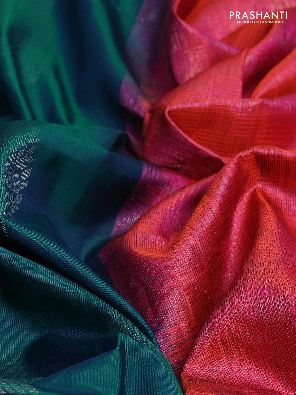 Pure soft silk saree peacock green and dual shade of pink with allover thread & zari weaves in borderless style - Image 3