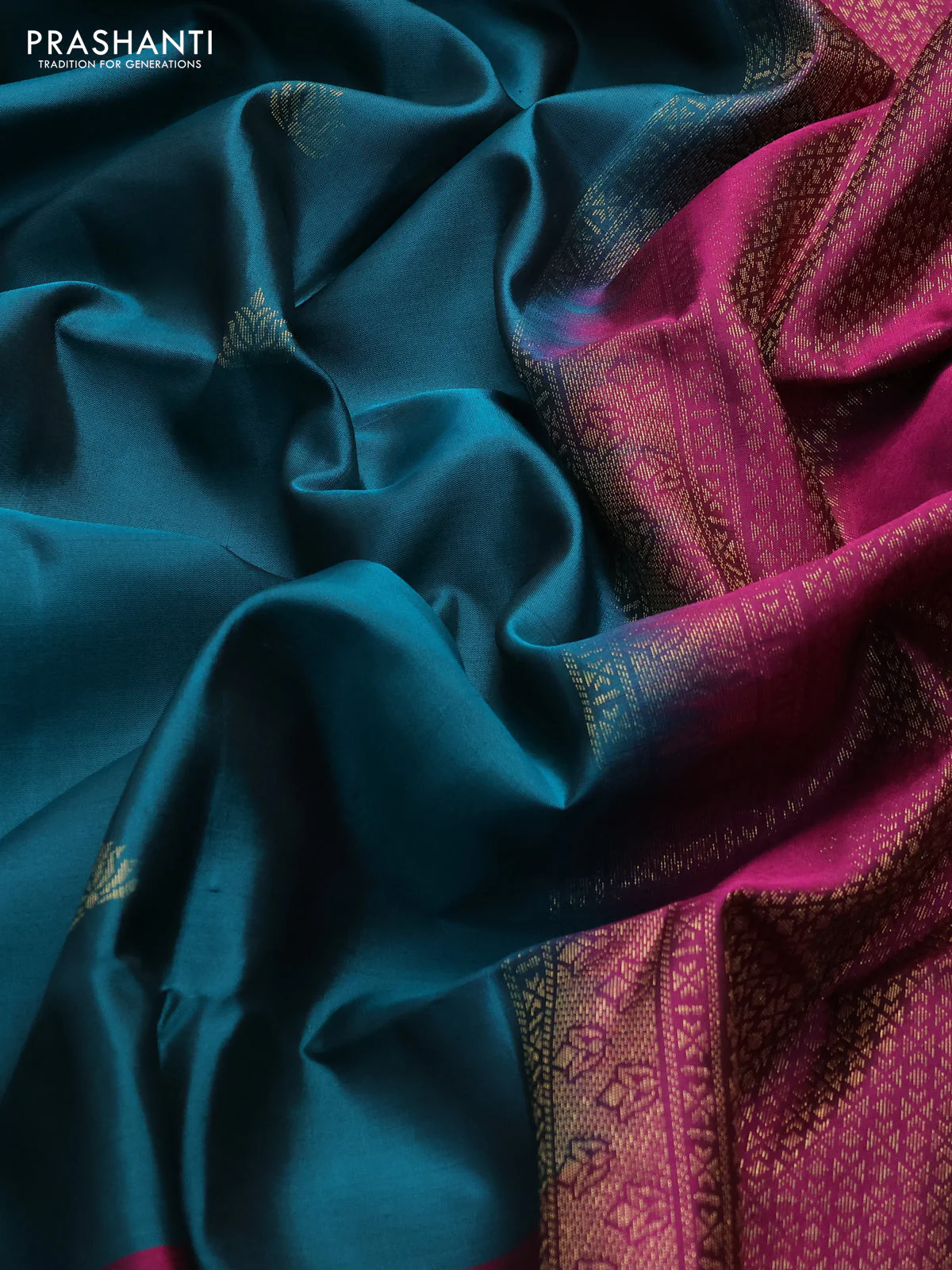 Pure soft silk saree peacock green and magenta pink with zari woven buttas and rich zari woven border - Image 3