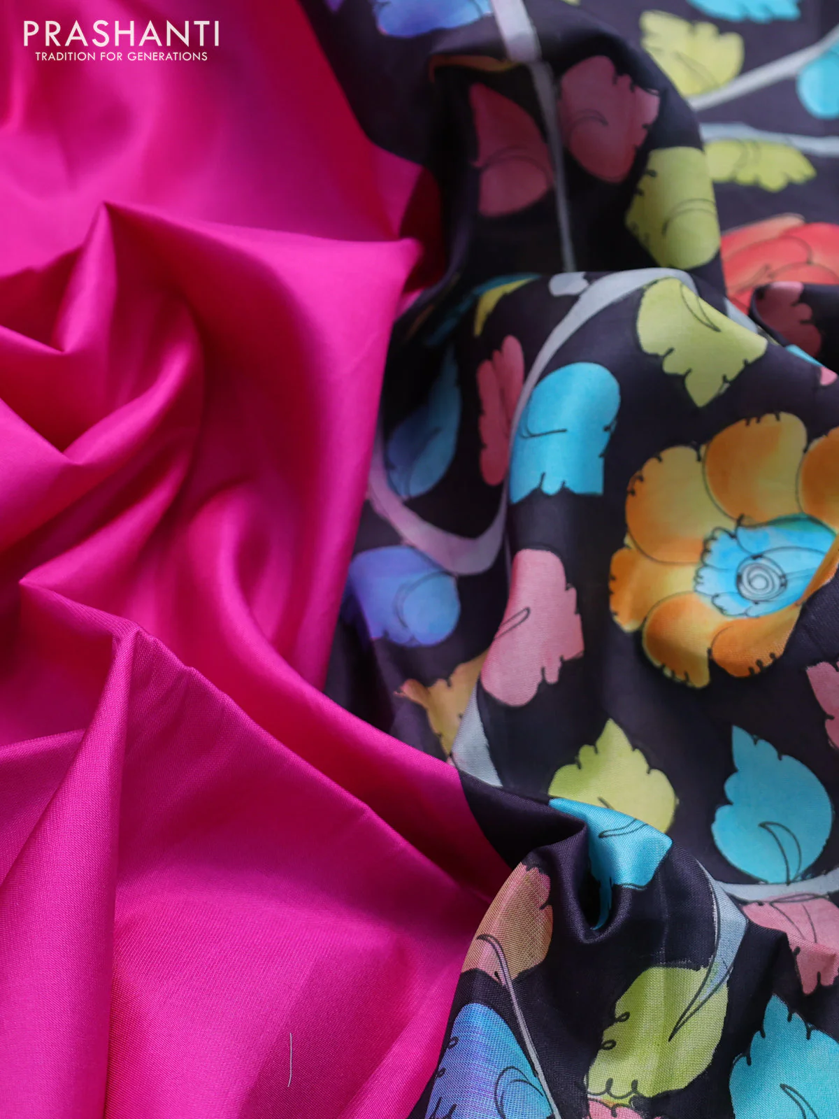 Pure soft silk saree pink and black with plain body and hand painted kalamkari pallu - Image 3