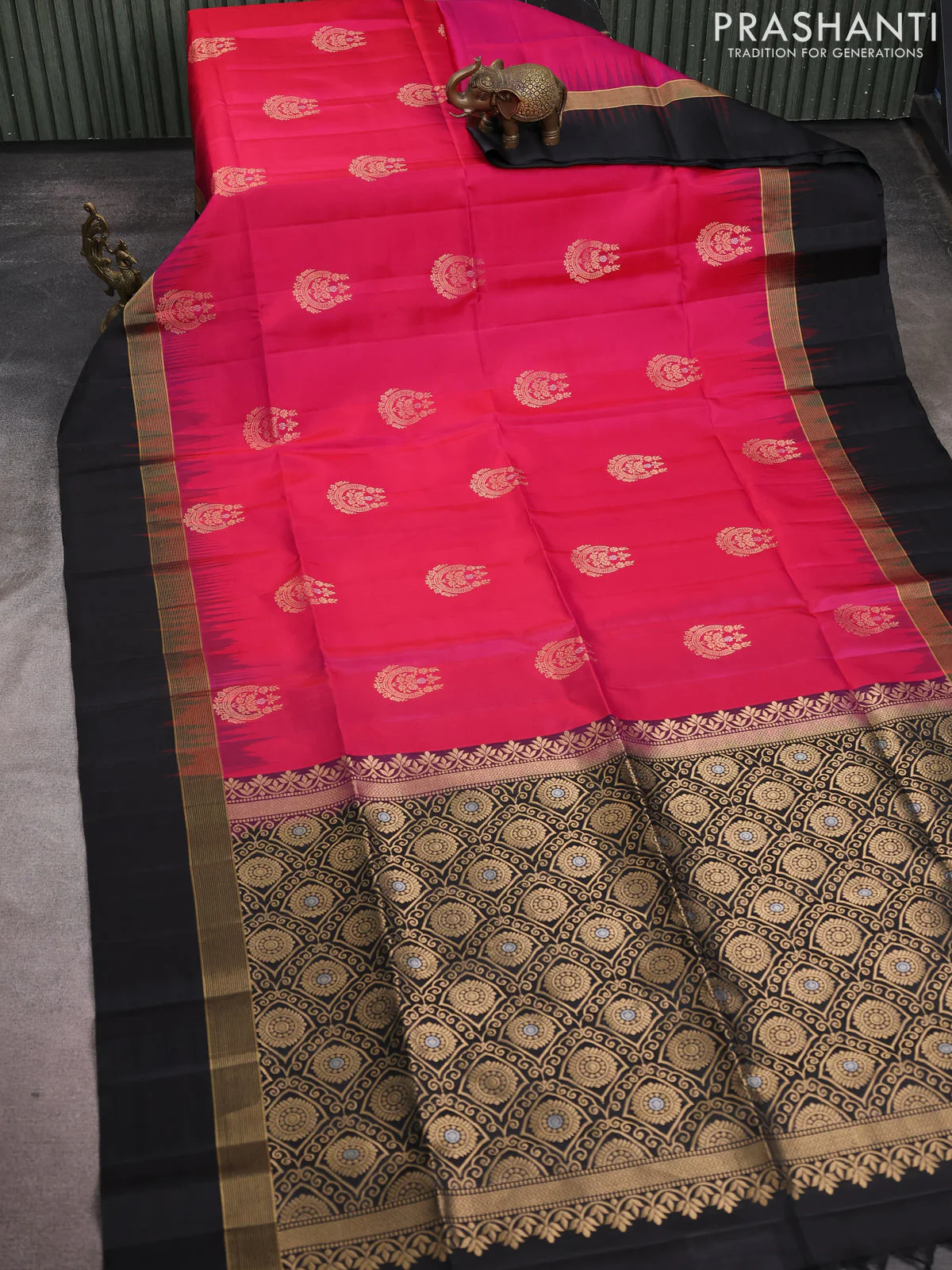 Pure soft silk saree pink and black with zari woven buttas and zari woven simple border - Image 2