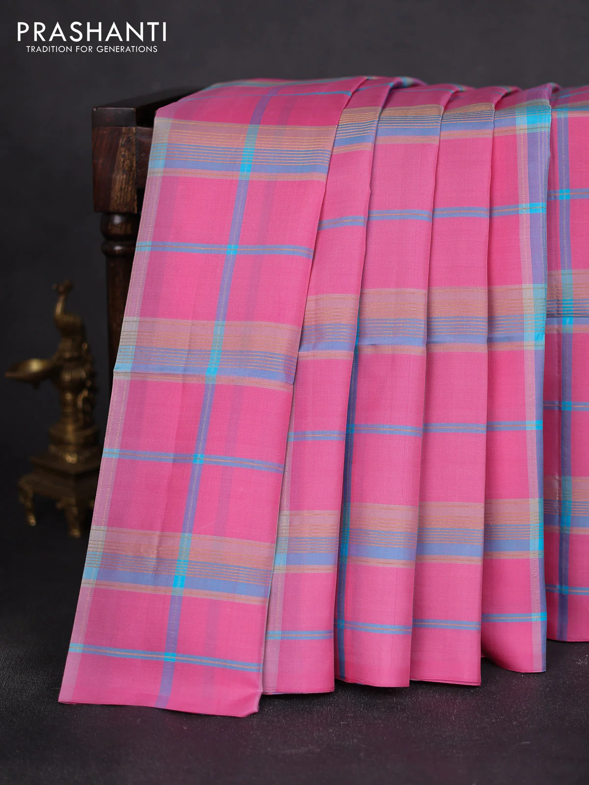 Pure soft silk saree pink and light blue with allover zari checked pattern In borderless style