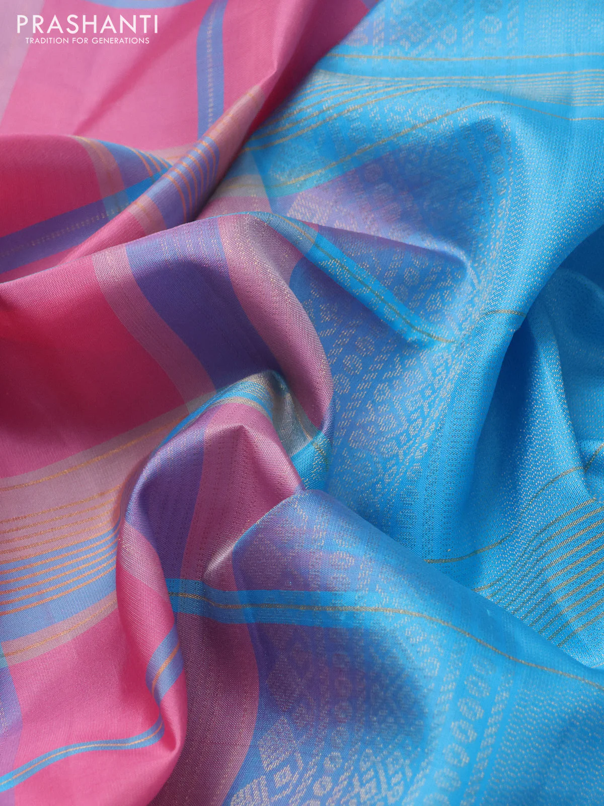 Pure soft silk saree pink and light blue with allover zari checked pattern In borderless style - Image 3