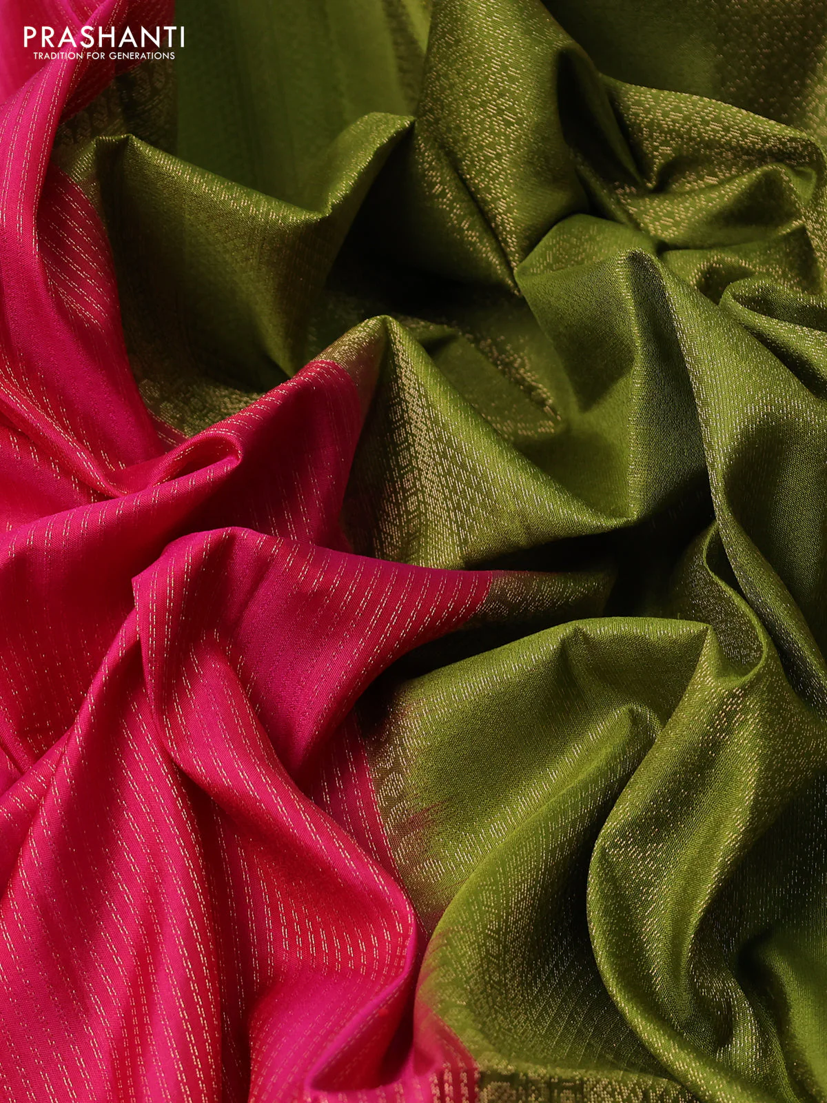 Pure soft silk saree pink and mehendi green with allover zari weaves and long zari woven border - Image 3