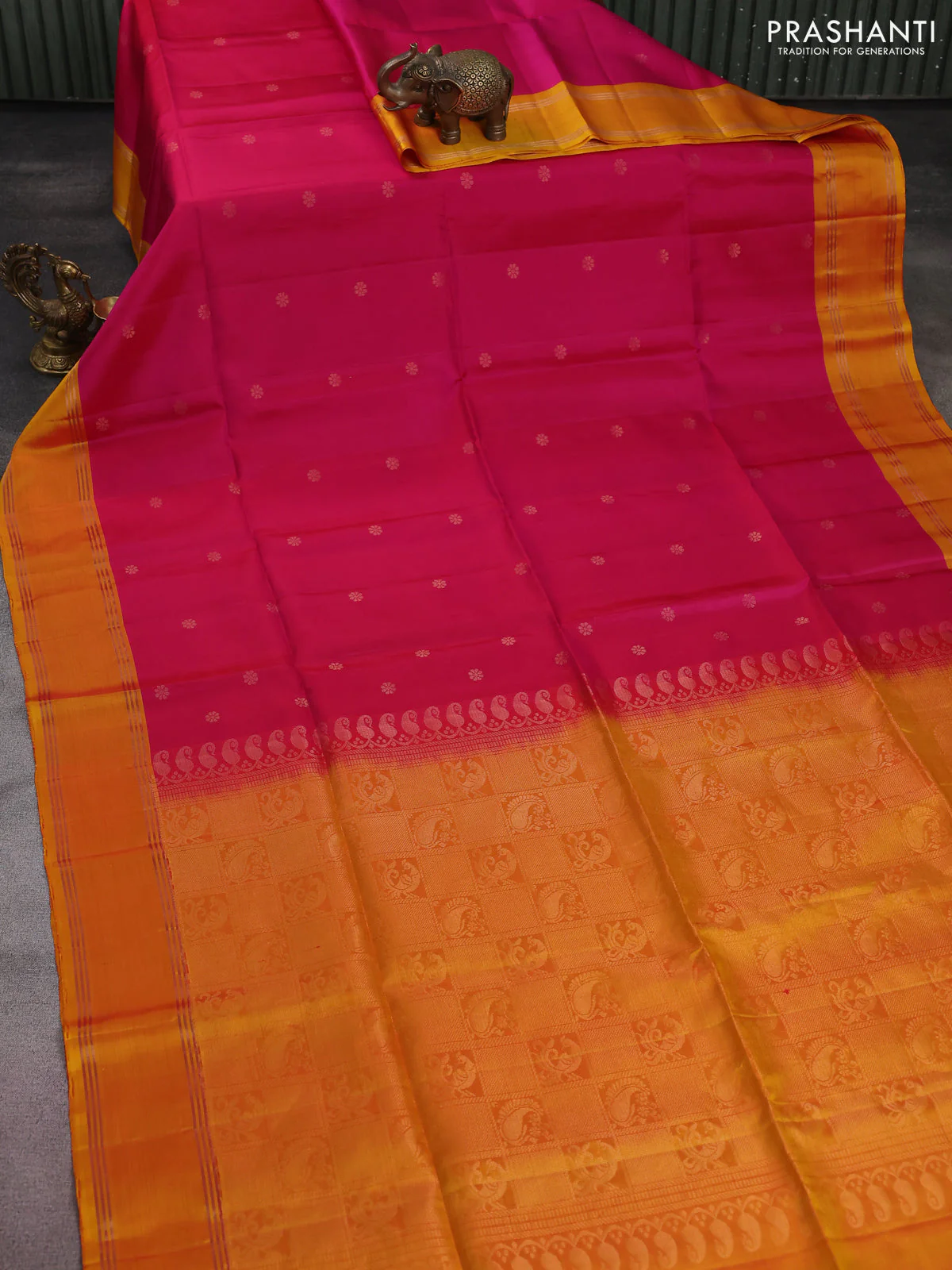 Pure soft silk saree pink and mustard yellow with zari woven floral buttas and rettapet zari woven border - Image 2
