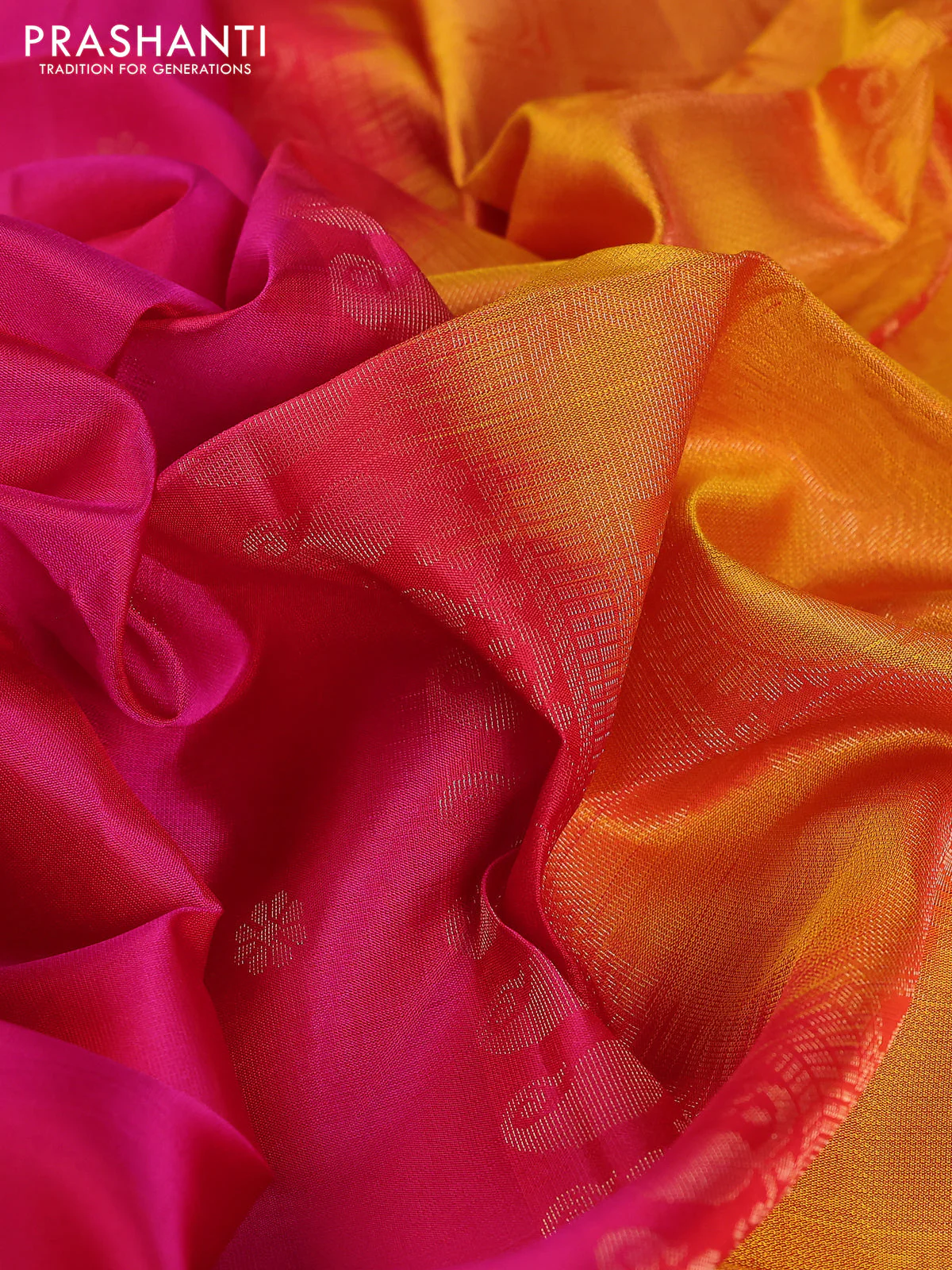 Pure soft silk saree pink and mustard yellow with zari woven floral buttas and rettapet zari woven border - Image 3