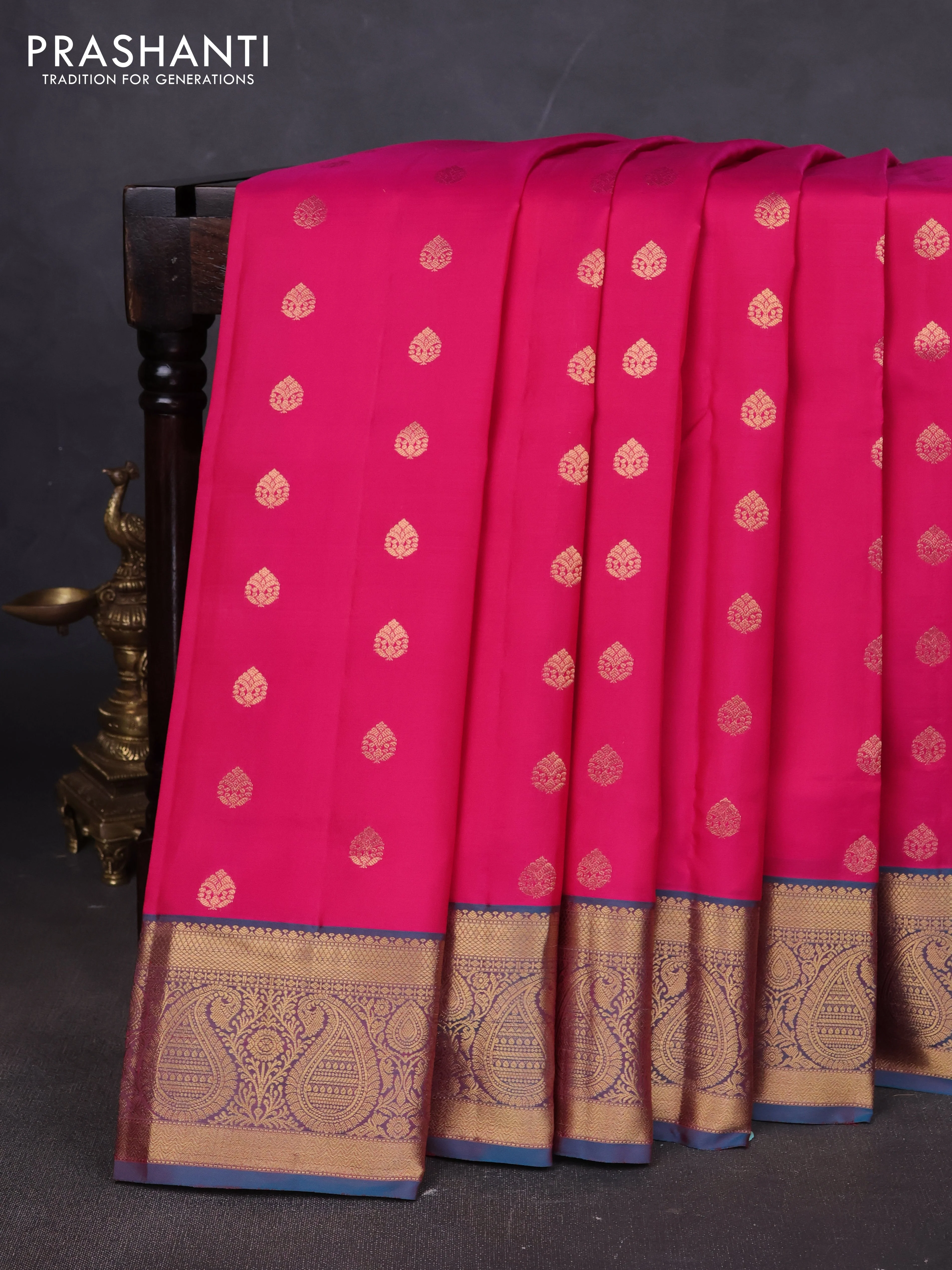 Pure soft silk saree pink and teal blue with allover zari woven buttas and rich zari woven border