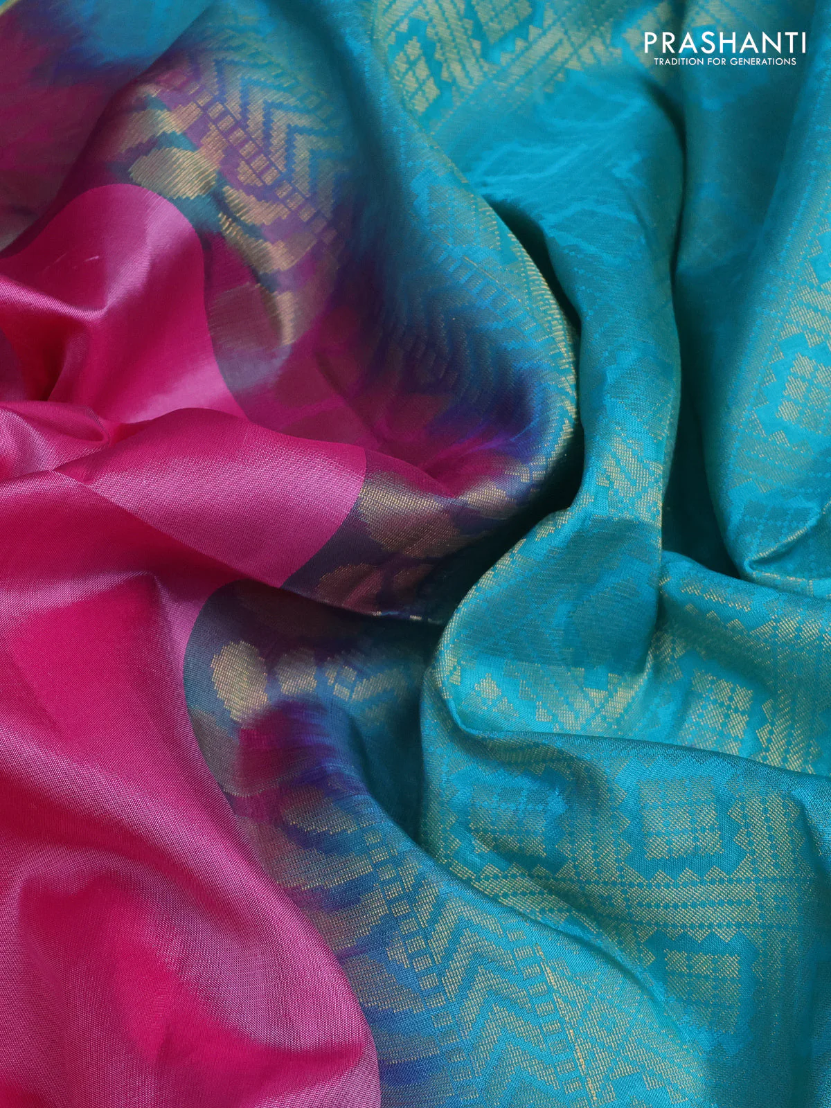 Pure soft silk saree pink and teal blue with allover zari woven buttas and zari woven elephant butta border - Image 3