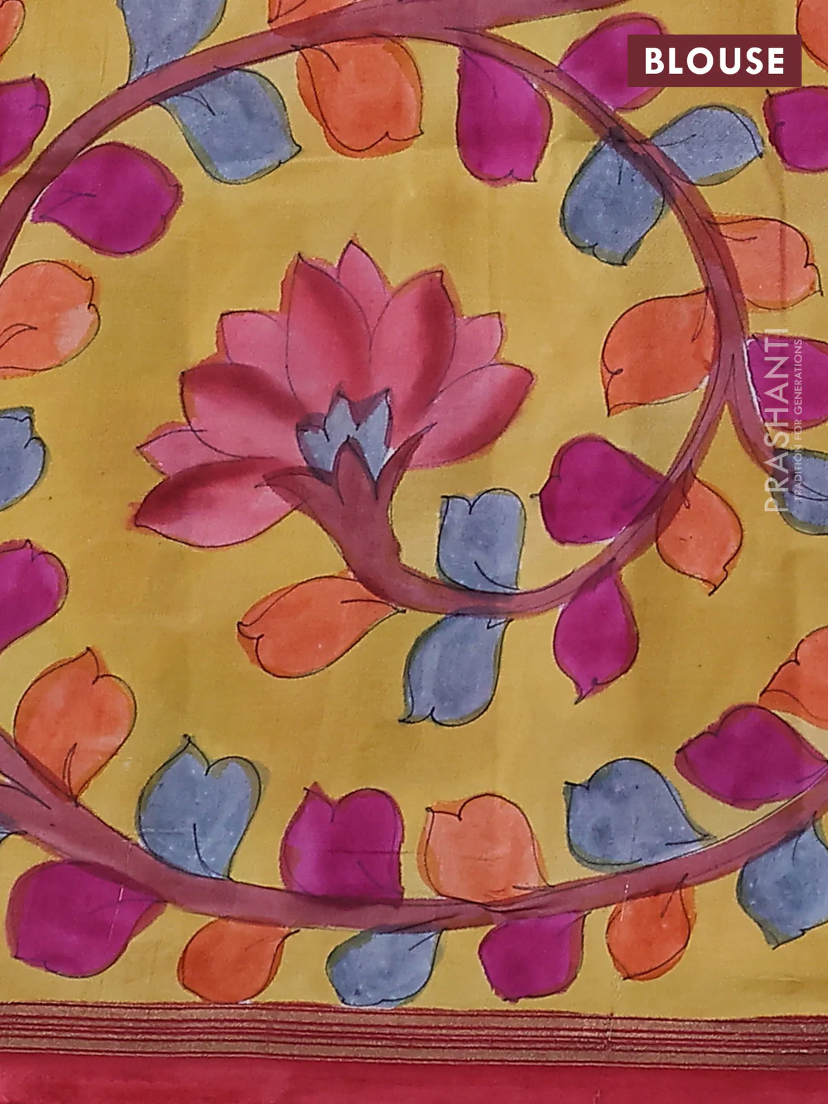 Pure soft silk saree pink and yellow with plain body and kalamkari hand painted pallu - Image 3