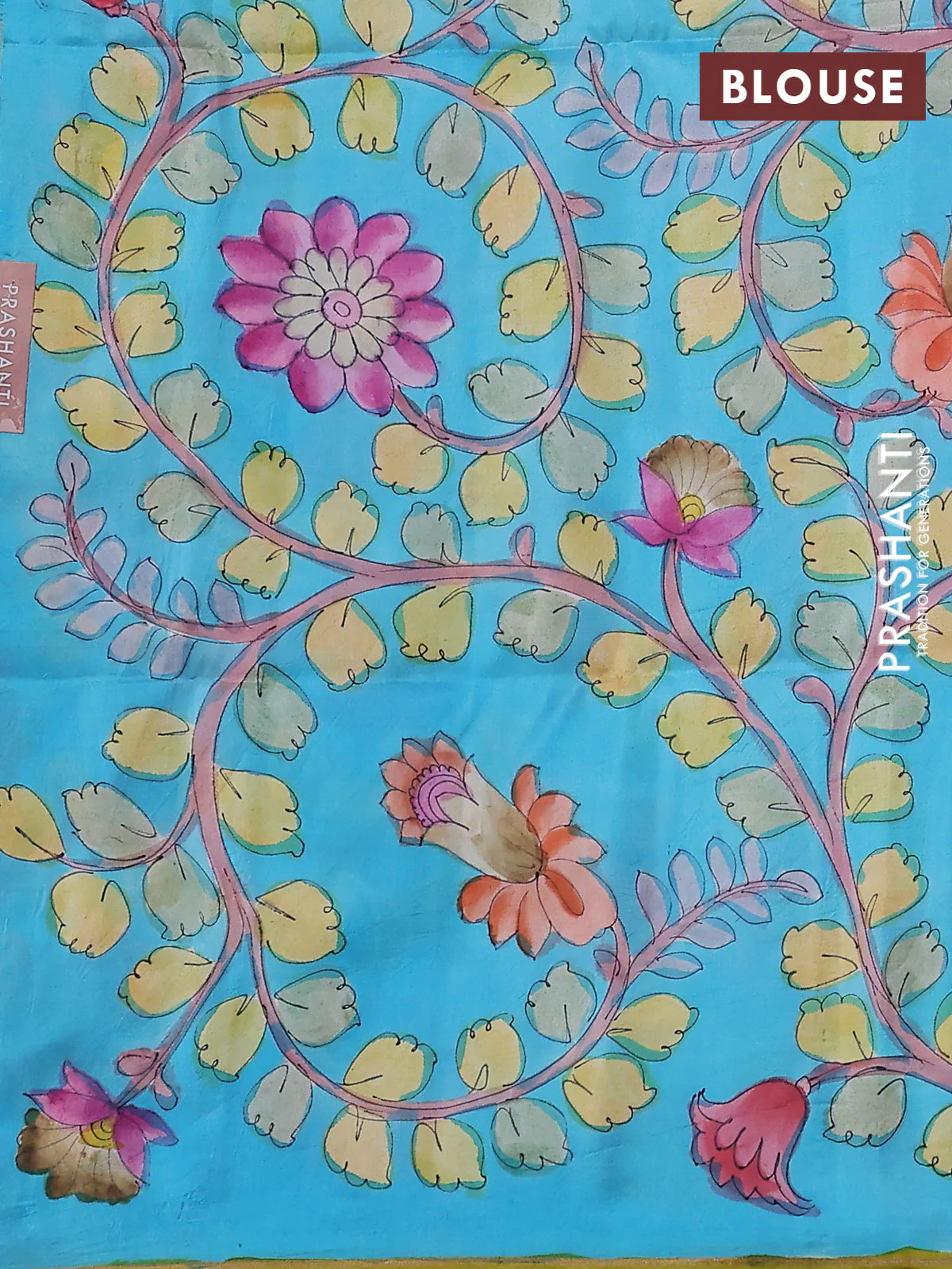 Pure soft silk saree pink shade and light blue with plain body and kalamkari hand painted border & pallu - Image 3