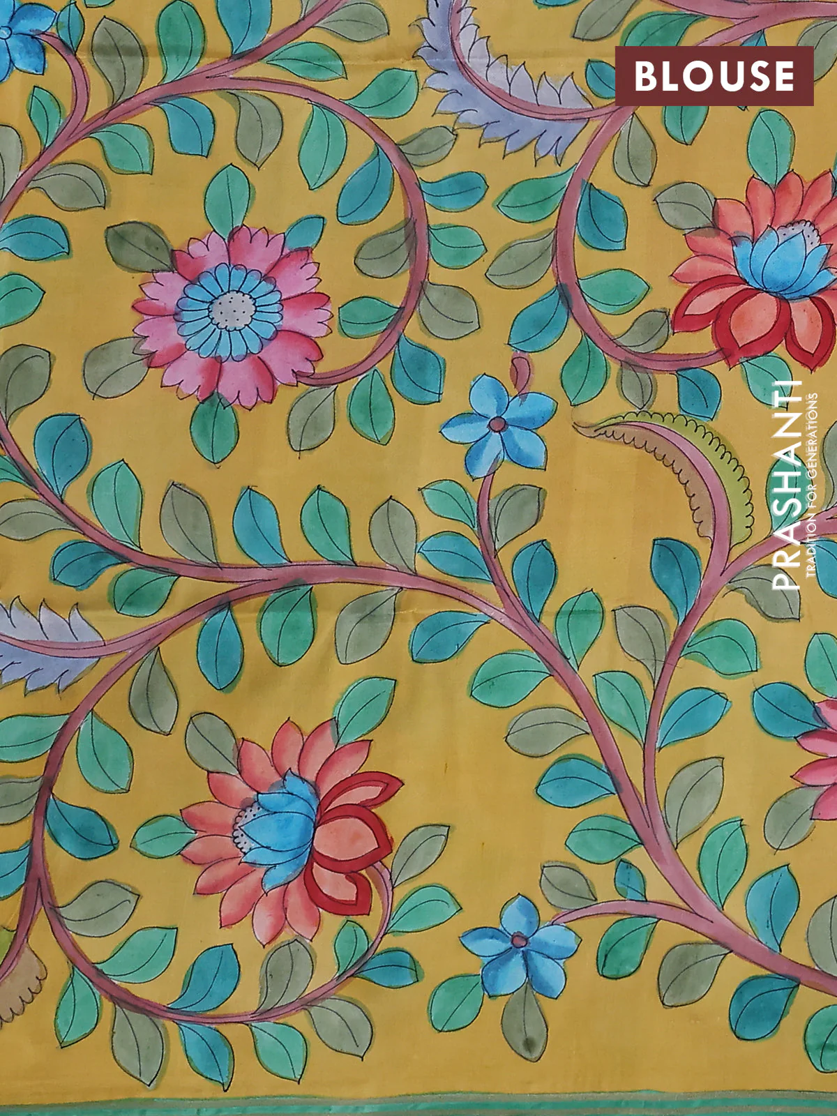 Pure soft silk saree pink shade and yellow with plain body and kalamkari hand painted border & pallu - Image 3