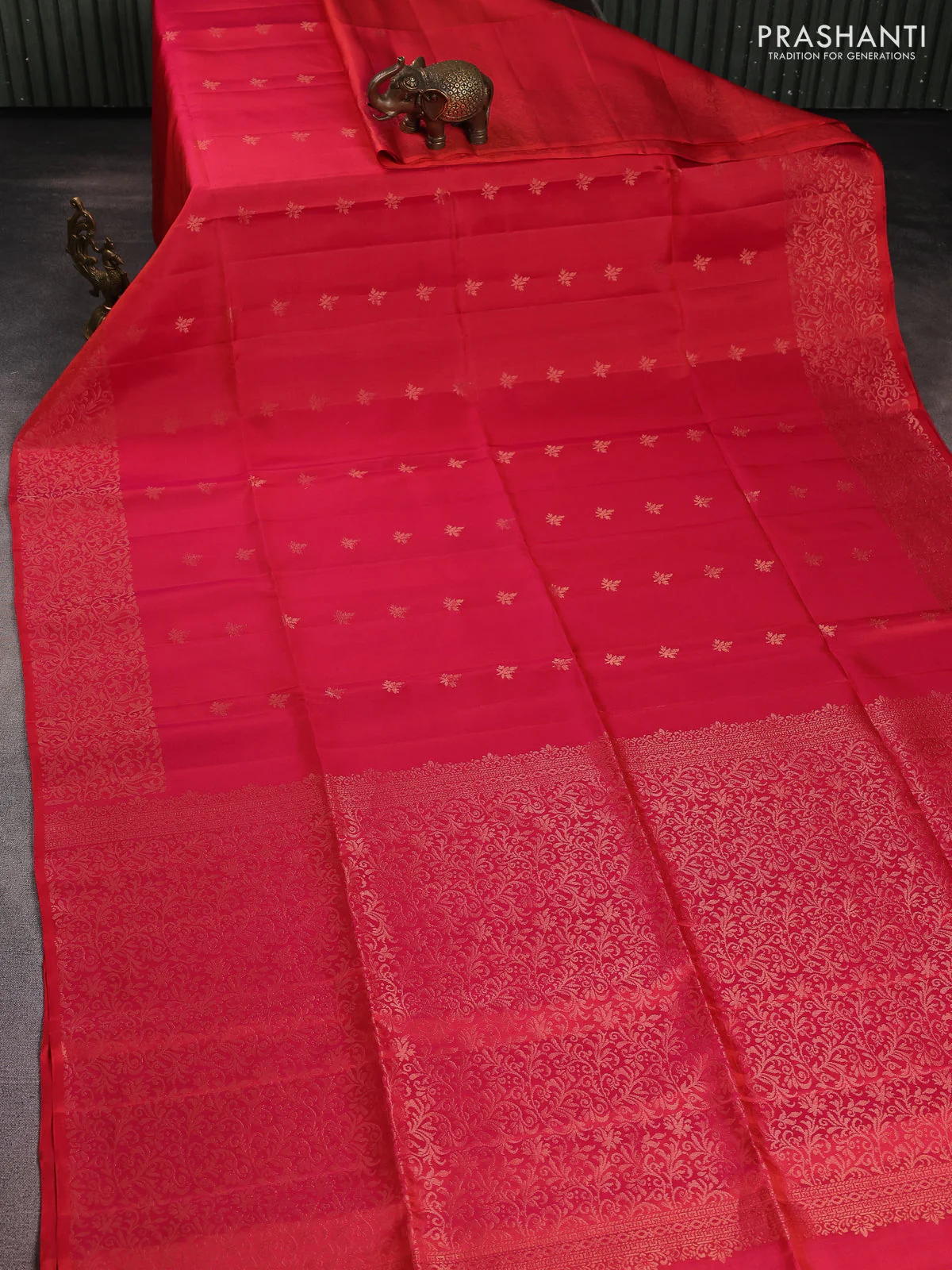 Pure soft silk saree pinkish orange with zari woven buttas and rich zari woven border - Image 2