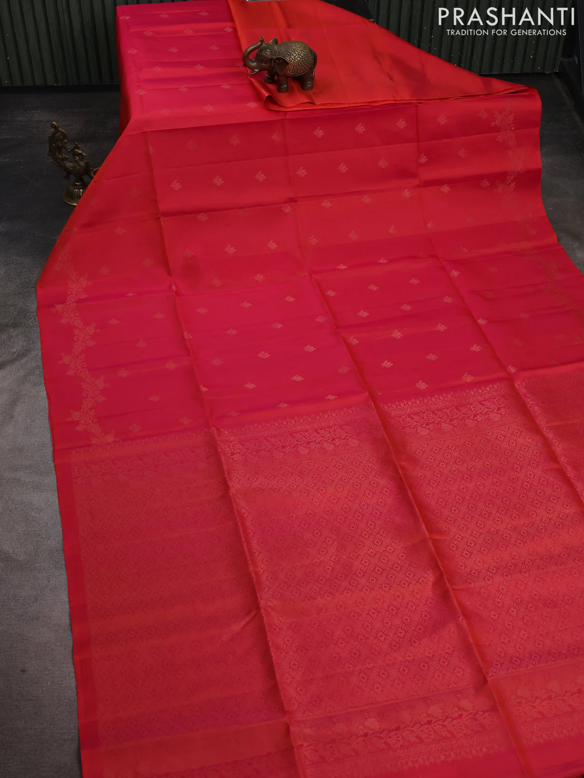 Pure soft silk saree pinkish orange with zari woven buttas and zari woven border - Image 2