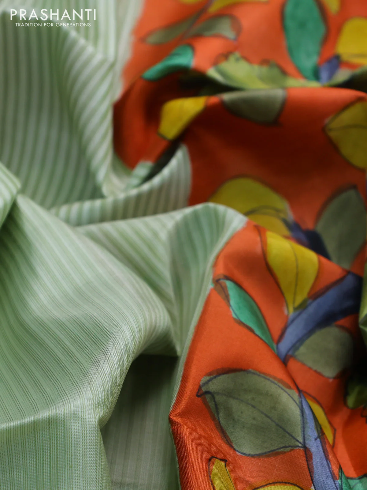 Pure soft silk saree pista green and orange with allover stripes pattern and hand painted kalamkari printed pallu - Image 3