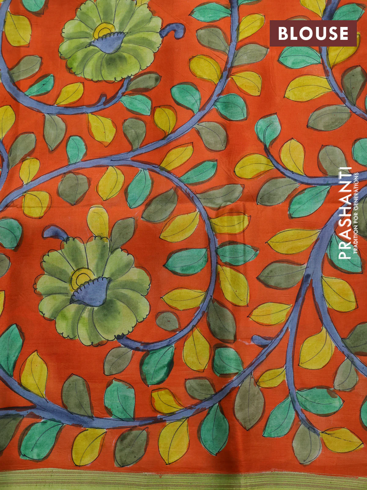 Pure soft silk saree pista green and orange with allover stripes pattern and hand painted kalamkari printed pallu - Image 4