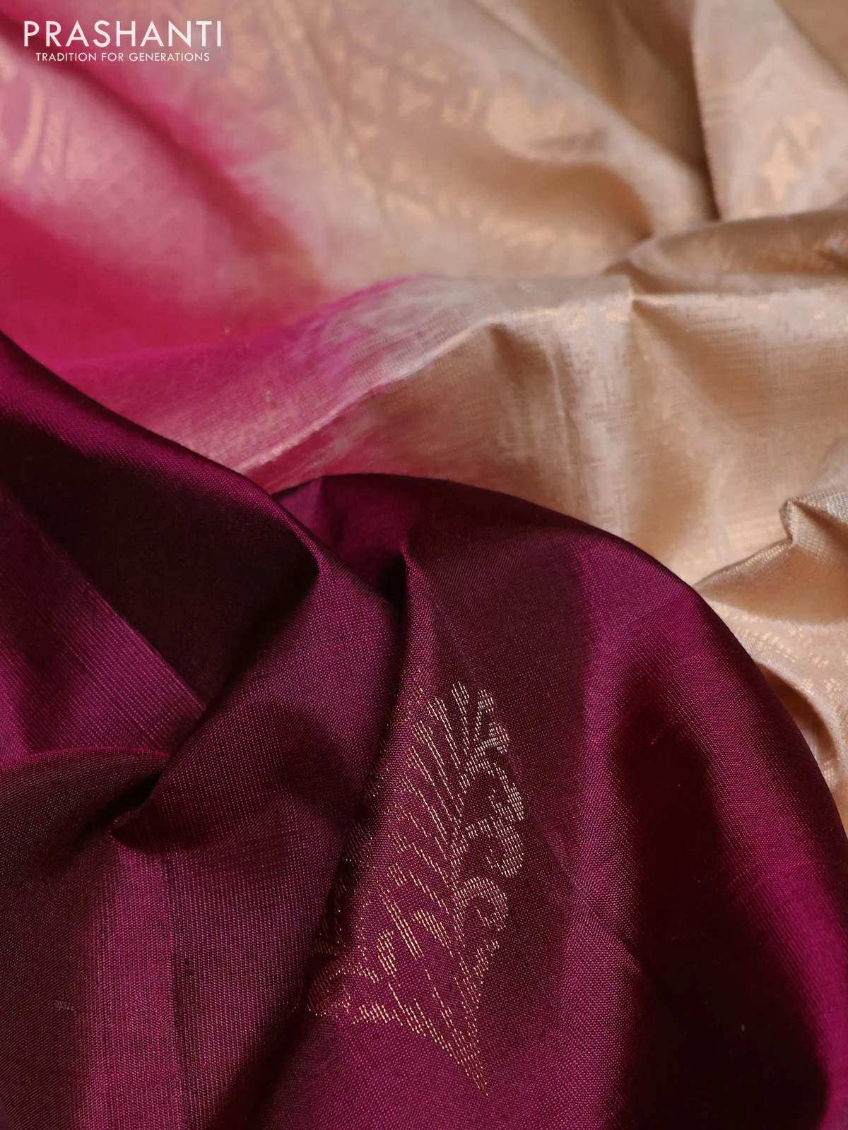 Pure soft silk saree purple and beige with zari woven buttas and rettapet zari woven border - Image 3