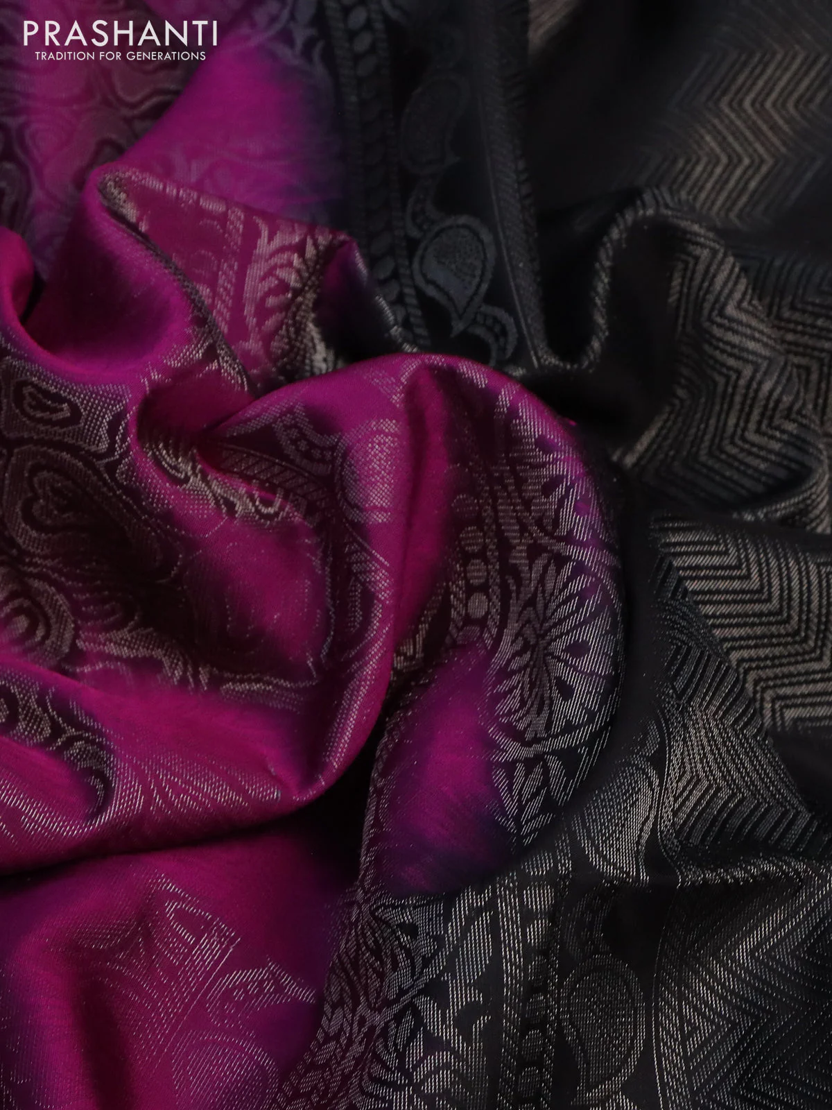 Pure soft silk saree purple and black with allover silver zari woven brocade weaves and silver zari woven border - Image 3