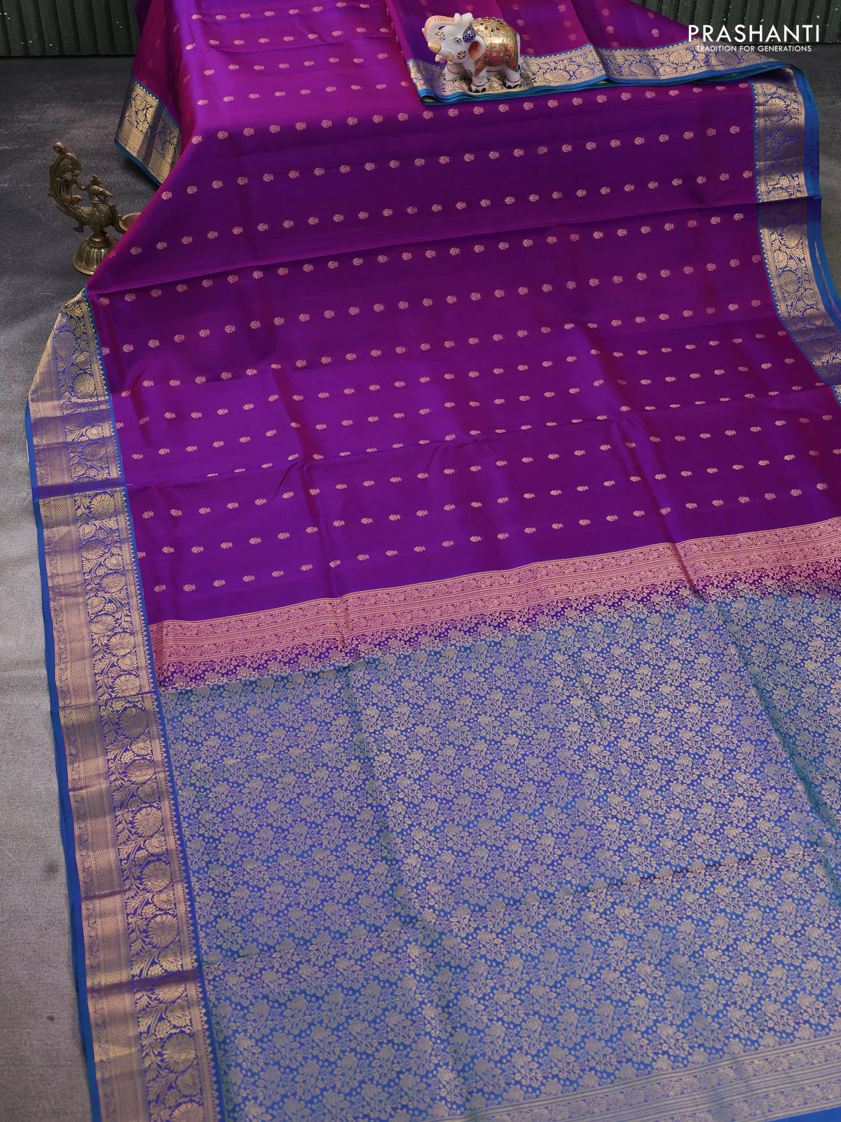 Pure soft silk saree purple and cs blue with allover zari woven buttas and rich zari woven border - Image 2