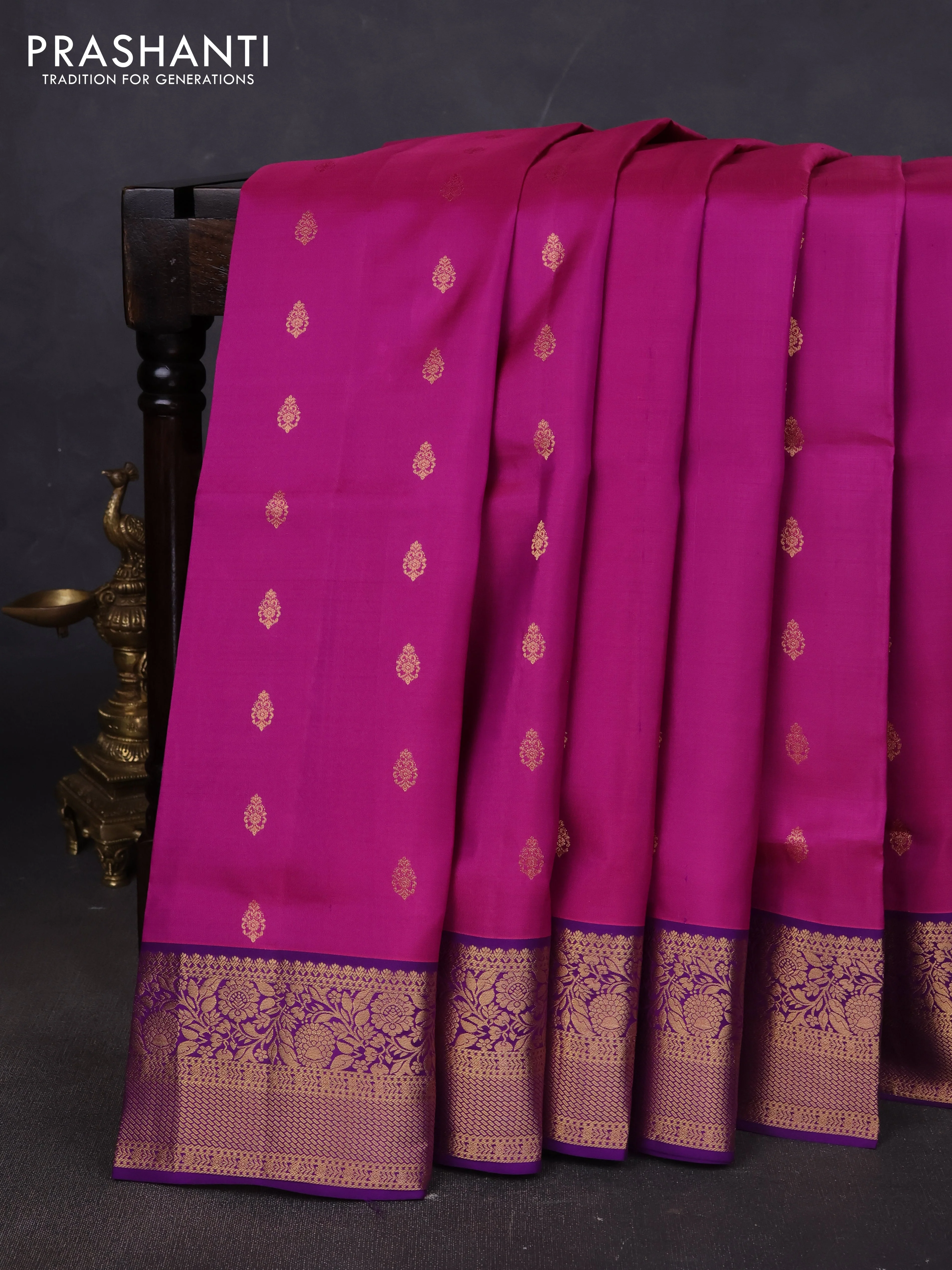 Pure soft silk saree purple and dark purple with allover zari woven buttas and zari woven floral border
