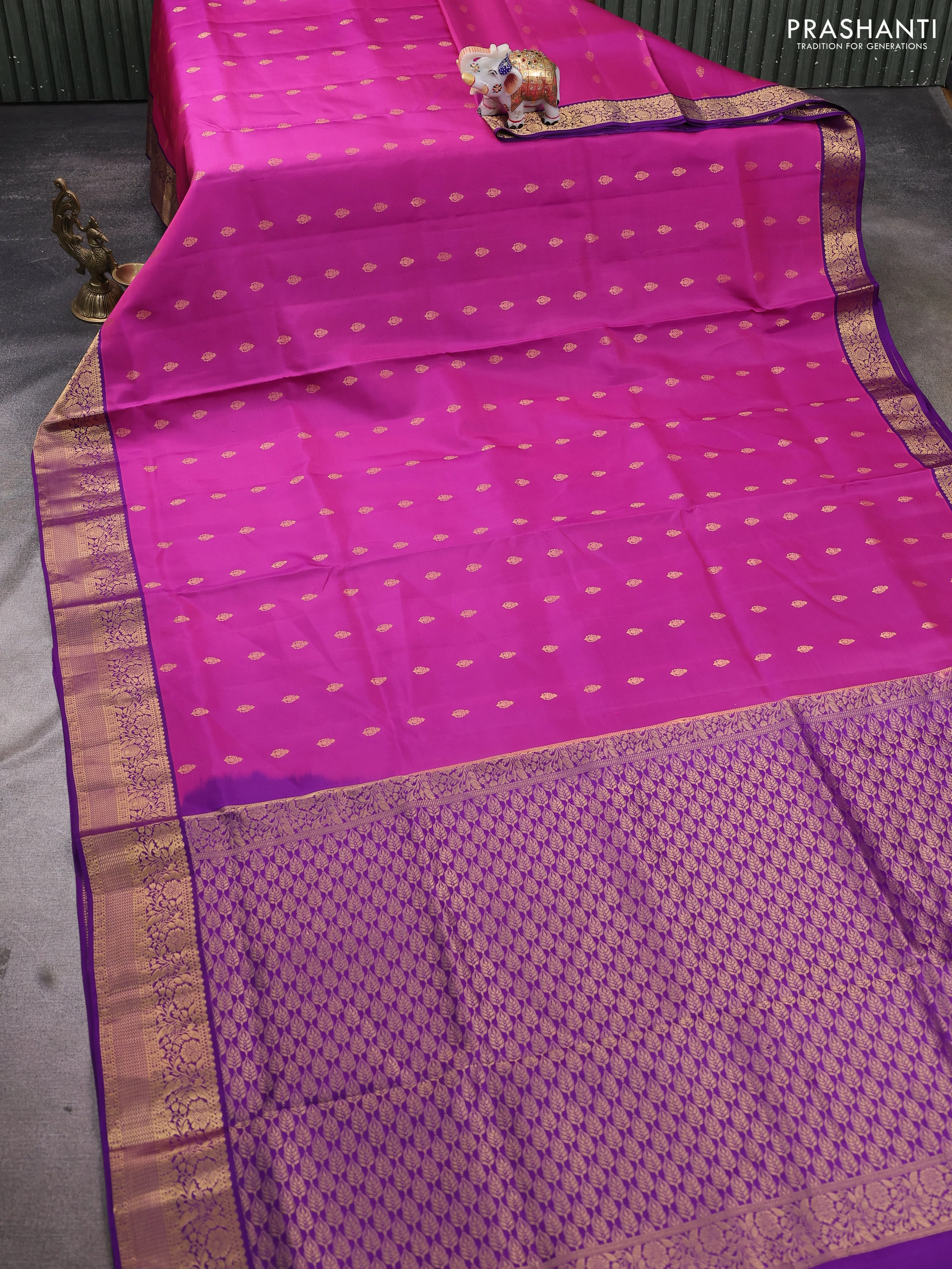 Pure soft silk saree purple and dark purple with allover zari woven buttas and zari woven floral border - Image 2