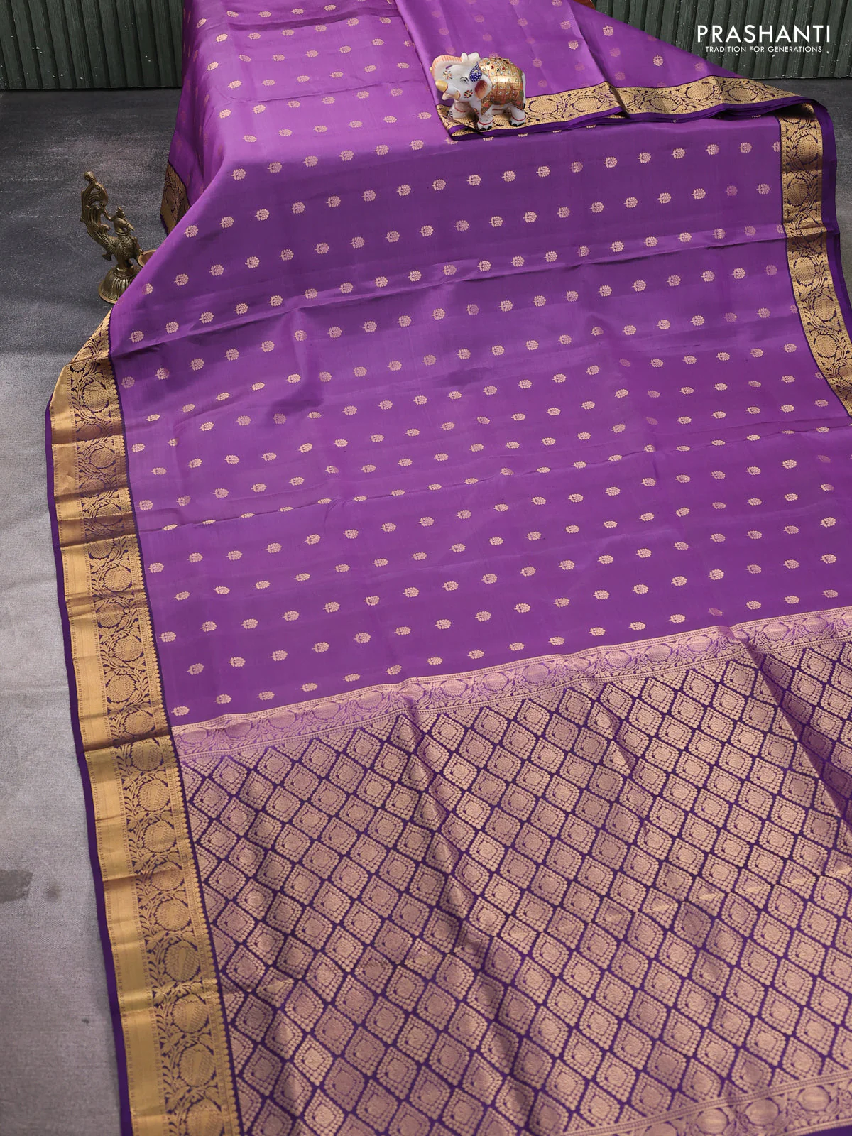Pure soft silk saree purple and deep purple with allover zari woven buttas and floral zari woven border - Image 2