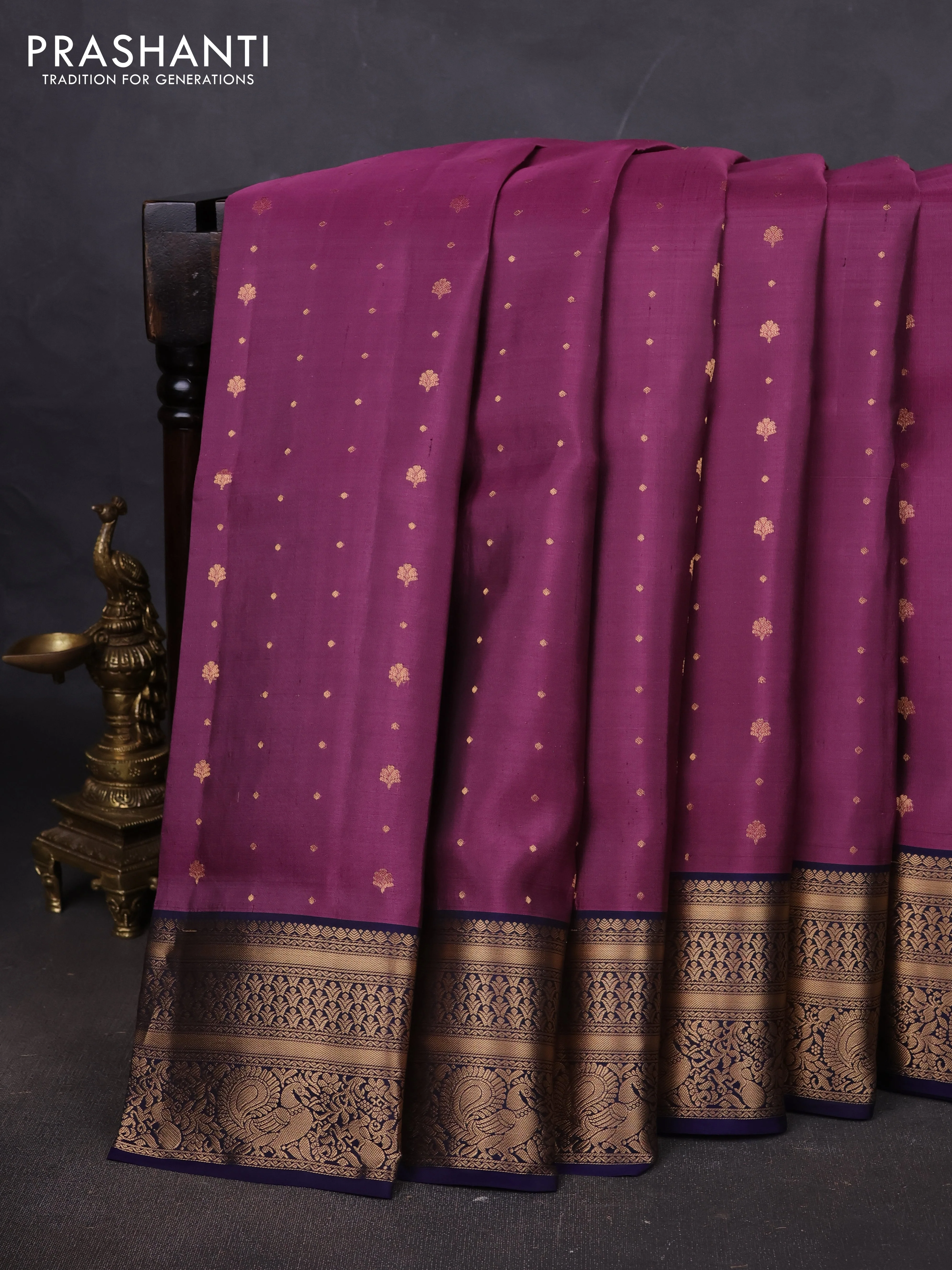 Pure soft silk saree purple and navy blue with allover zari woven buttas and zari woven annam border