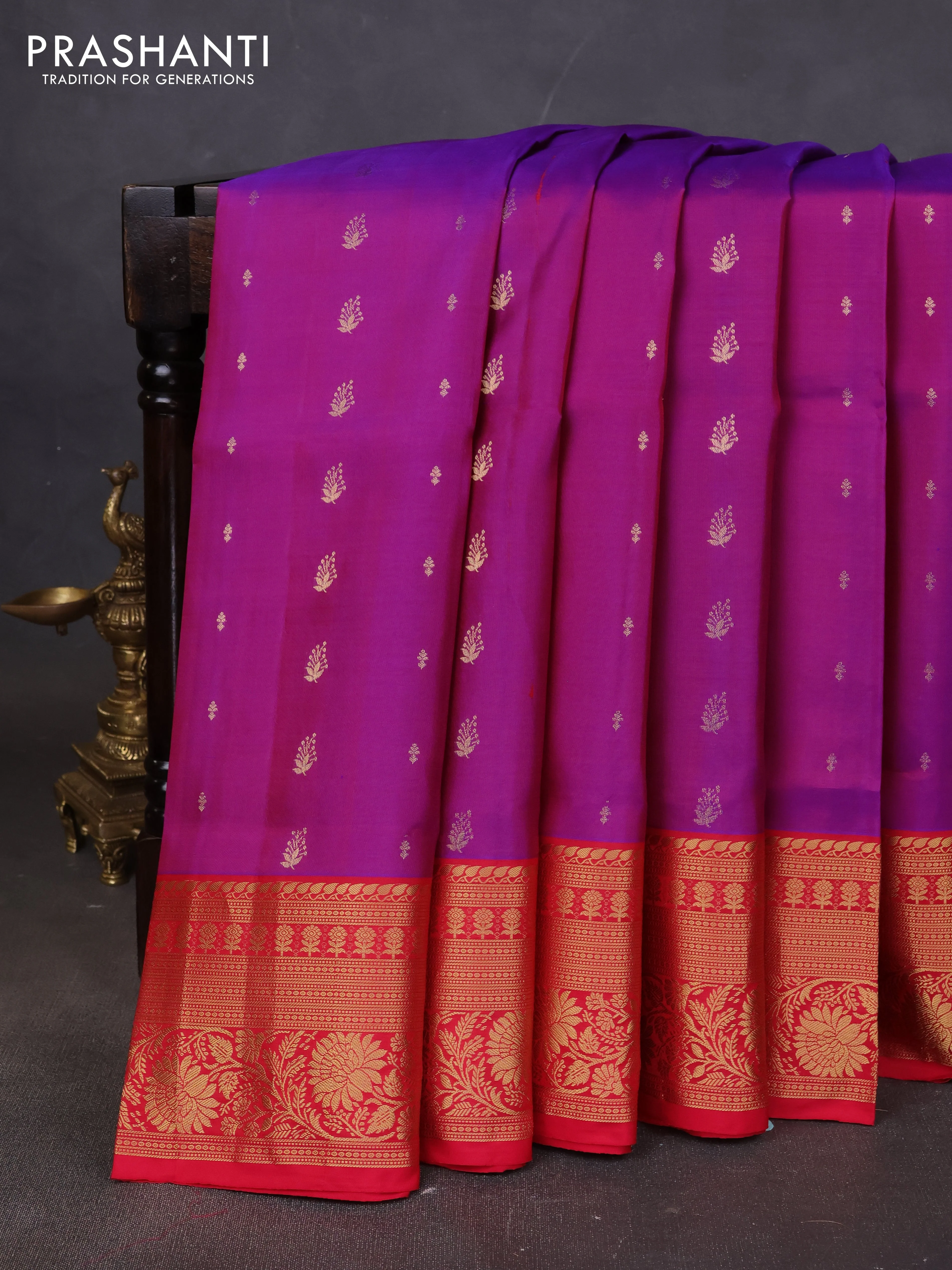 Pure soft silk saree purple and red with allover zari woven buttas and rich zari woven border