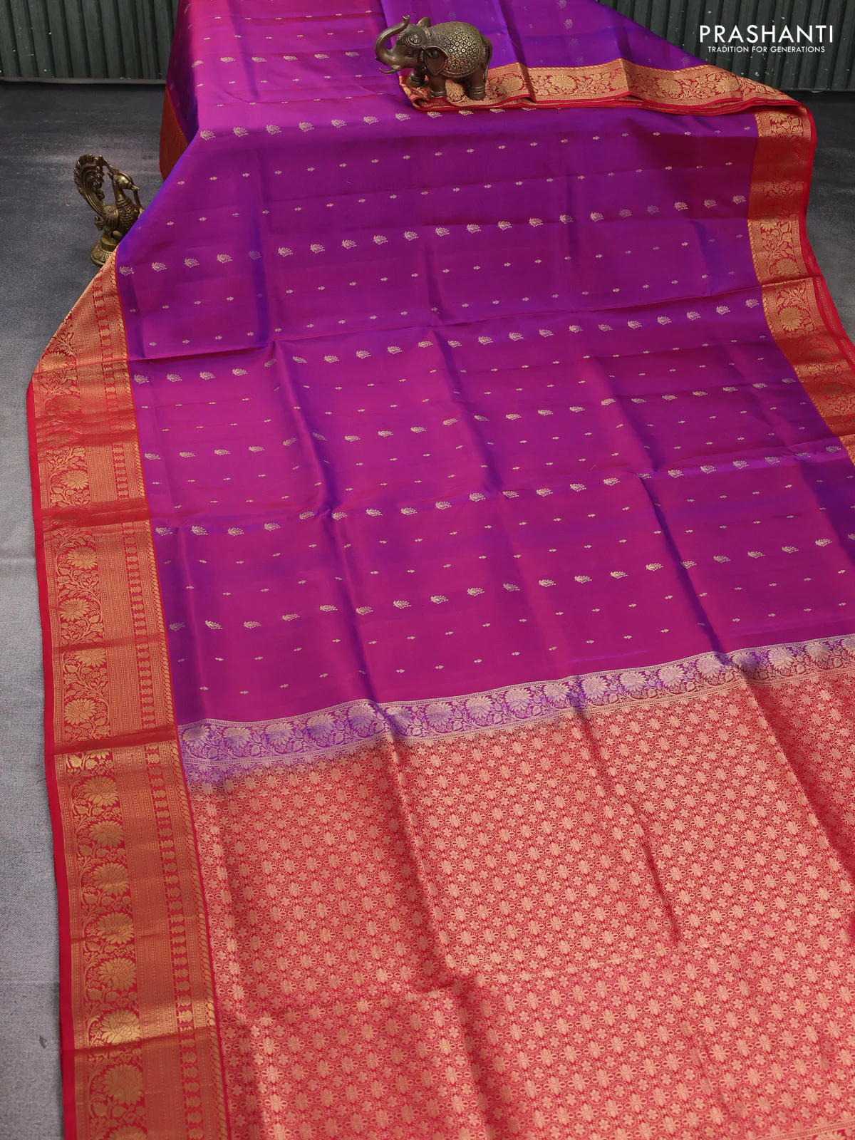 Pure soft silk saree purple and red with allover zari woven buttas and rich zari woven border - Image 2