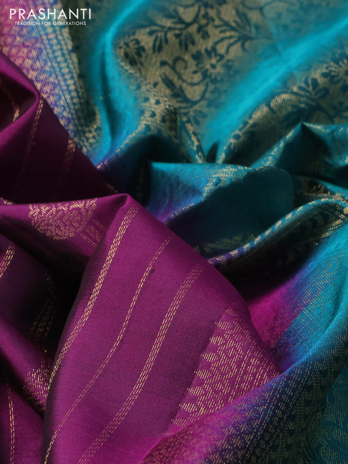 Pure soft silk saree purple and teal green with allover zari weaves and rettapet zari woven border - Image 3