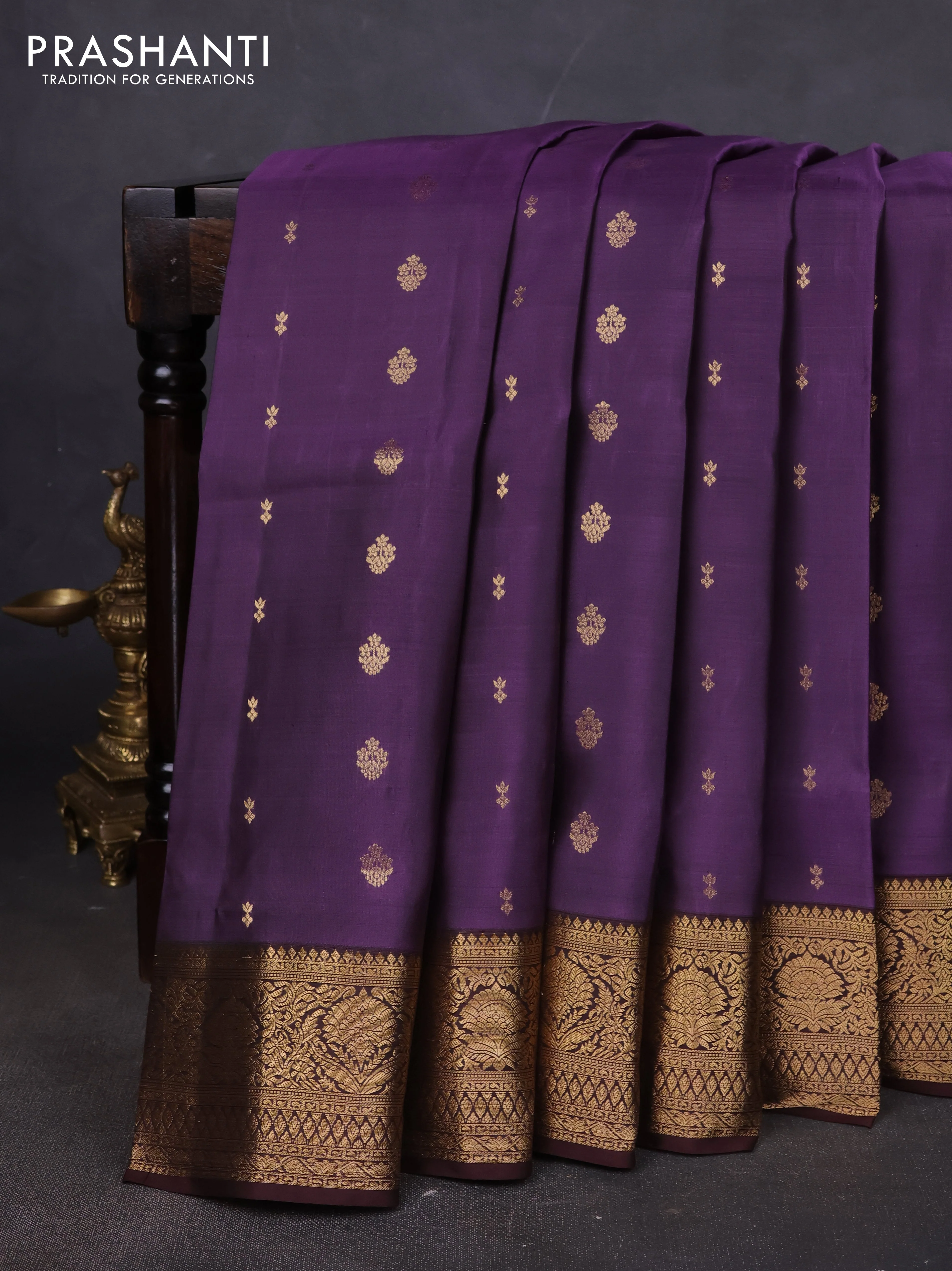 Pure soft silk saree purple shade and brown with allover zari woven buttas and rich zari woven border