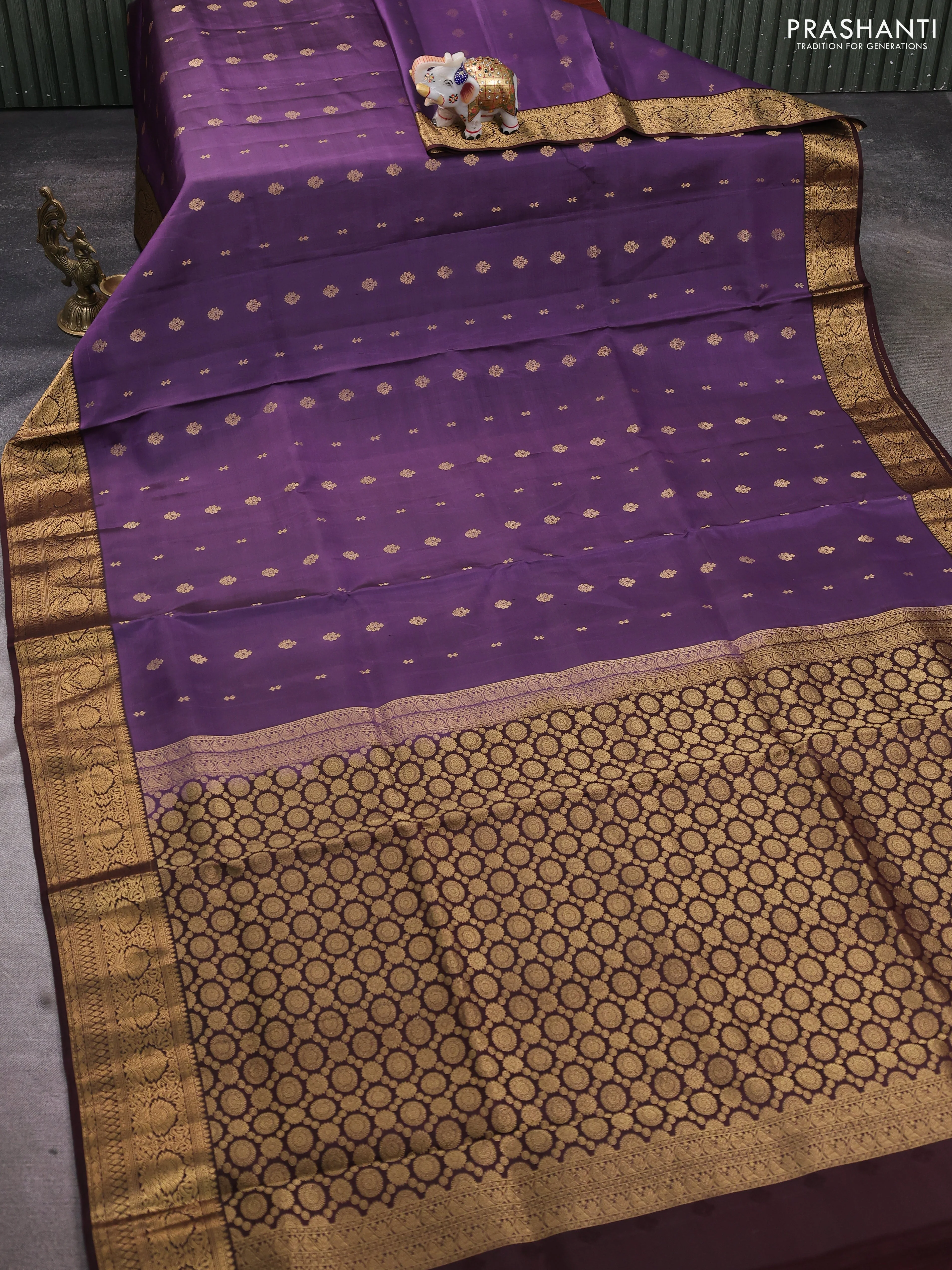 Pure soft silk saree purple shade and brown with allover zari woven buttas and rich zari woven border - Image 2