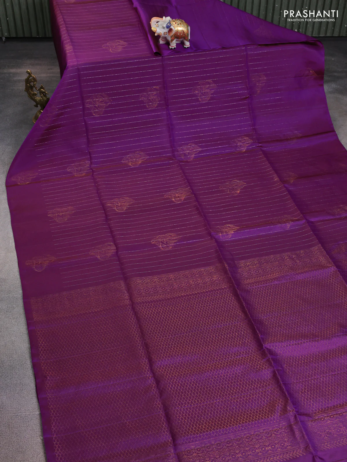 Pure soft silk saree purple with allover zari stripe & buttas in borderless style - Image 2