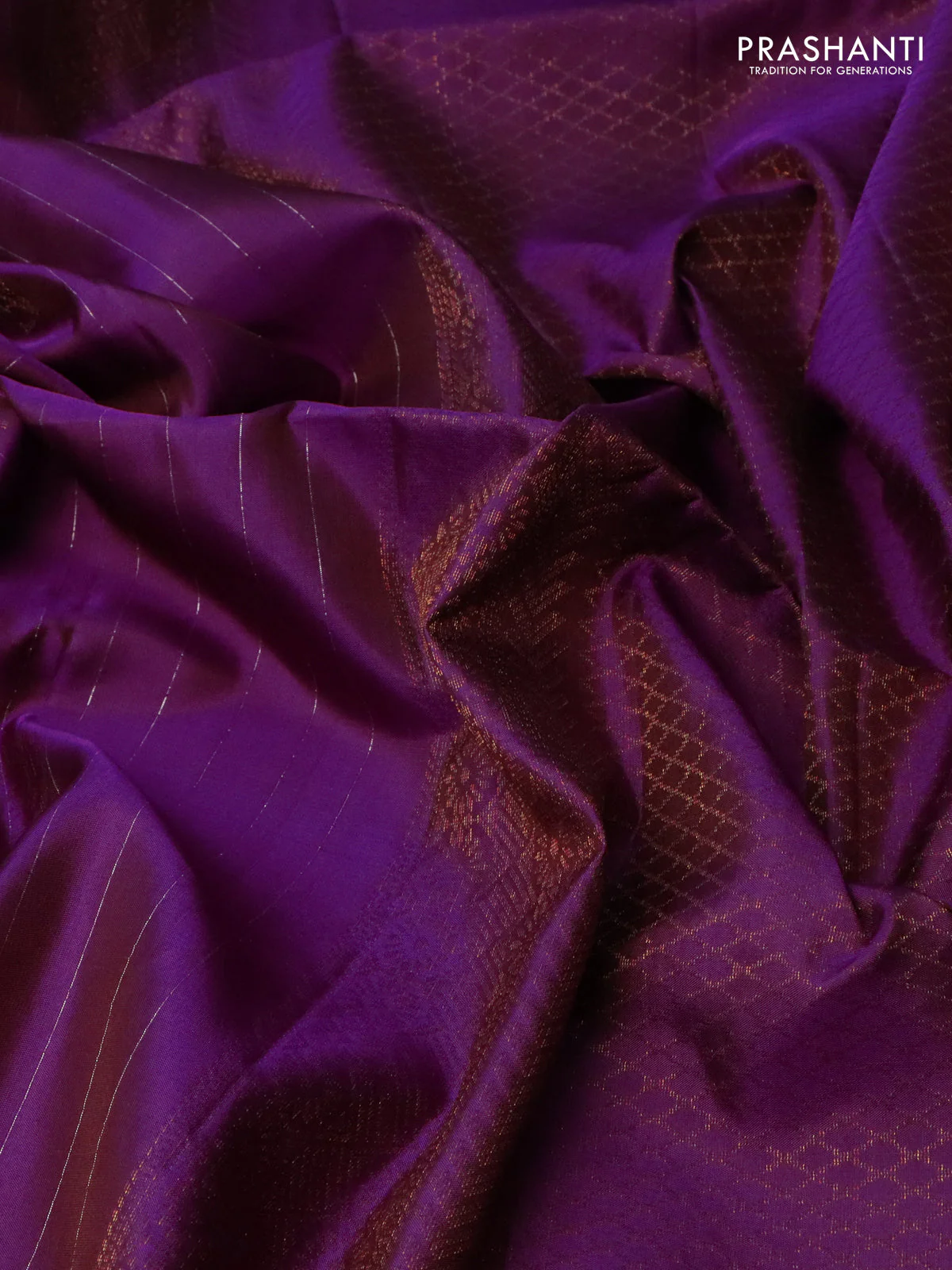 Pure soft silk saree purple with allover zari stripe & buttas in borderless style - Image 3