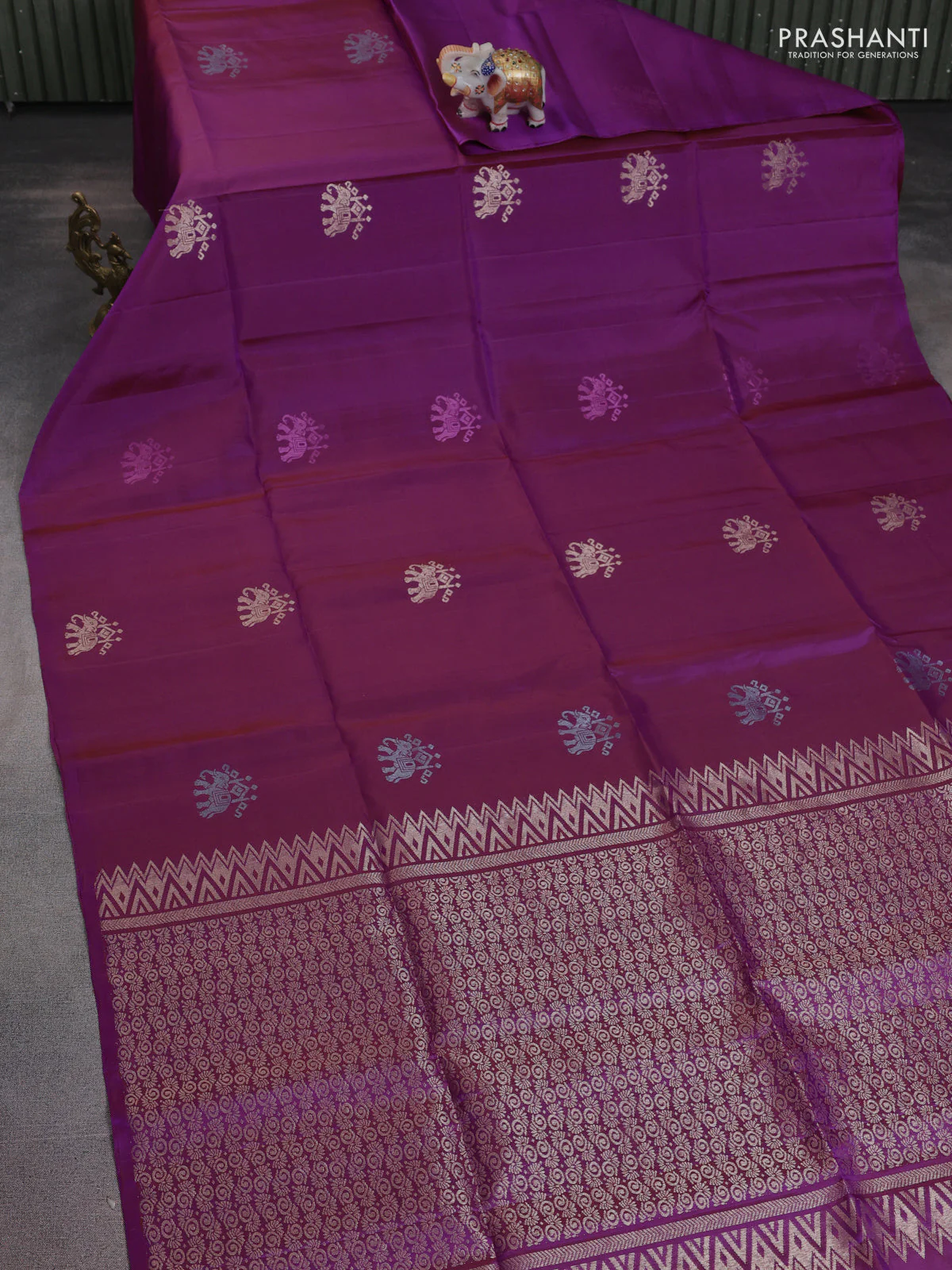 Pure soft silk saree purple with elephant zari woven buttas in borderless style - Image 2