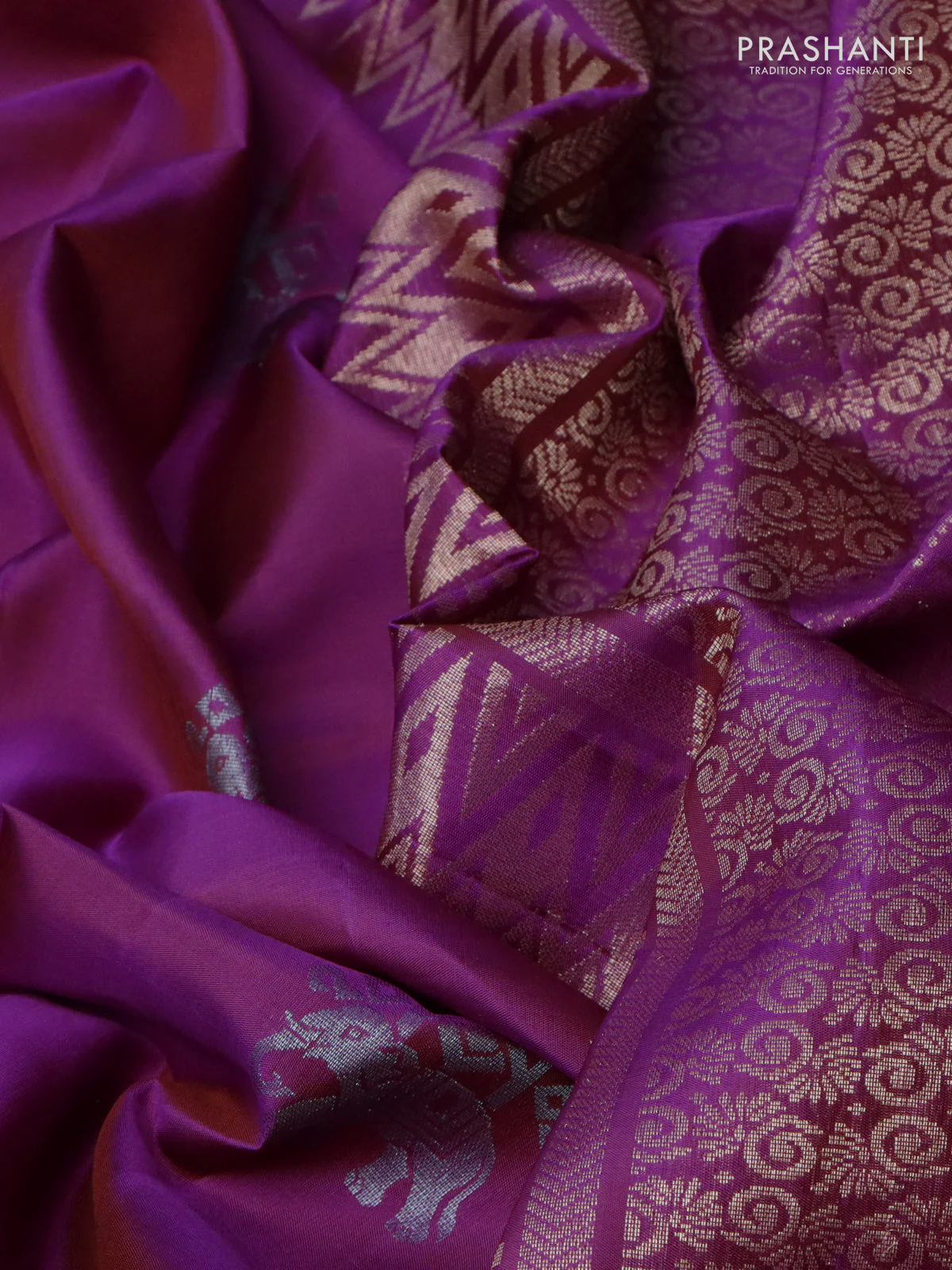 Pure soft silk saree purple with elephant zari woven buttas in borderless style - Image 3