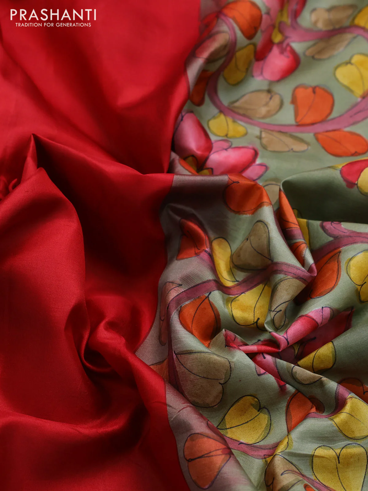 Pure soft silk saree red and elaichi green with plain body and hand painted kalamkari printed pallu - Image 3