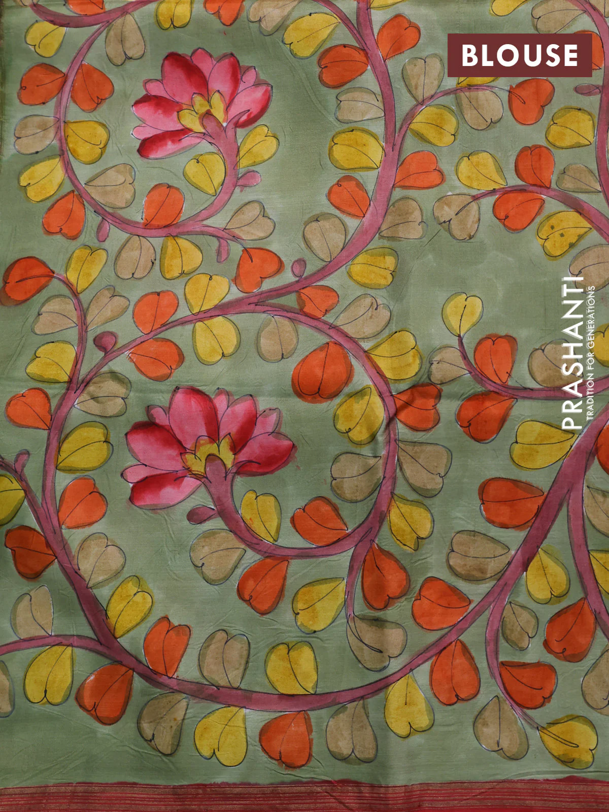 Pure soft silk saree red and elaichi green with plain body and hand painted kalamkari printed pallu - Image 4
