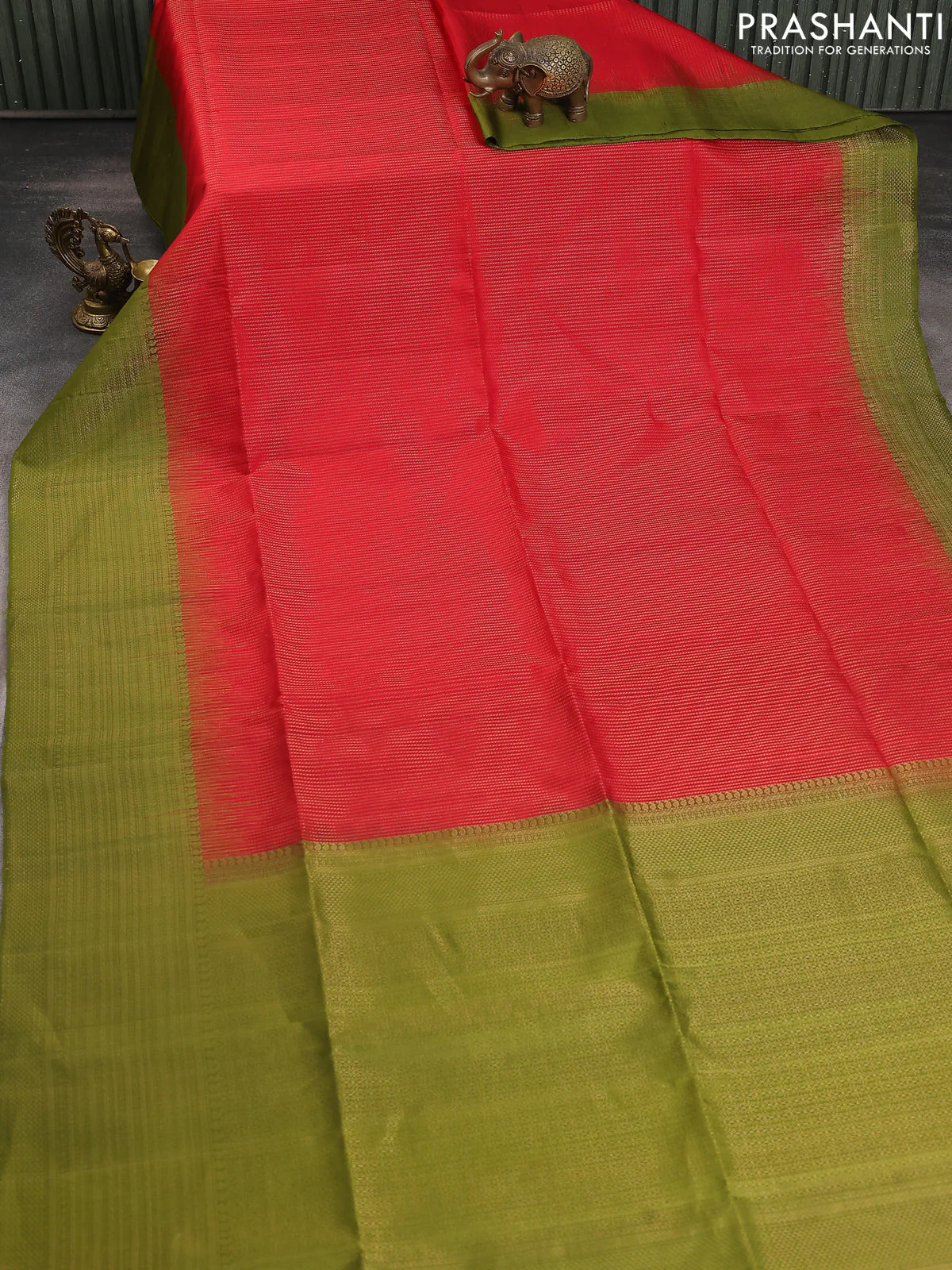 Pure soft silk saree red and mehendi green with allover zari weaves and long zari woven border - Image 2