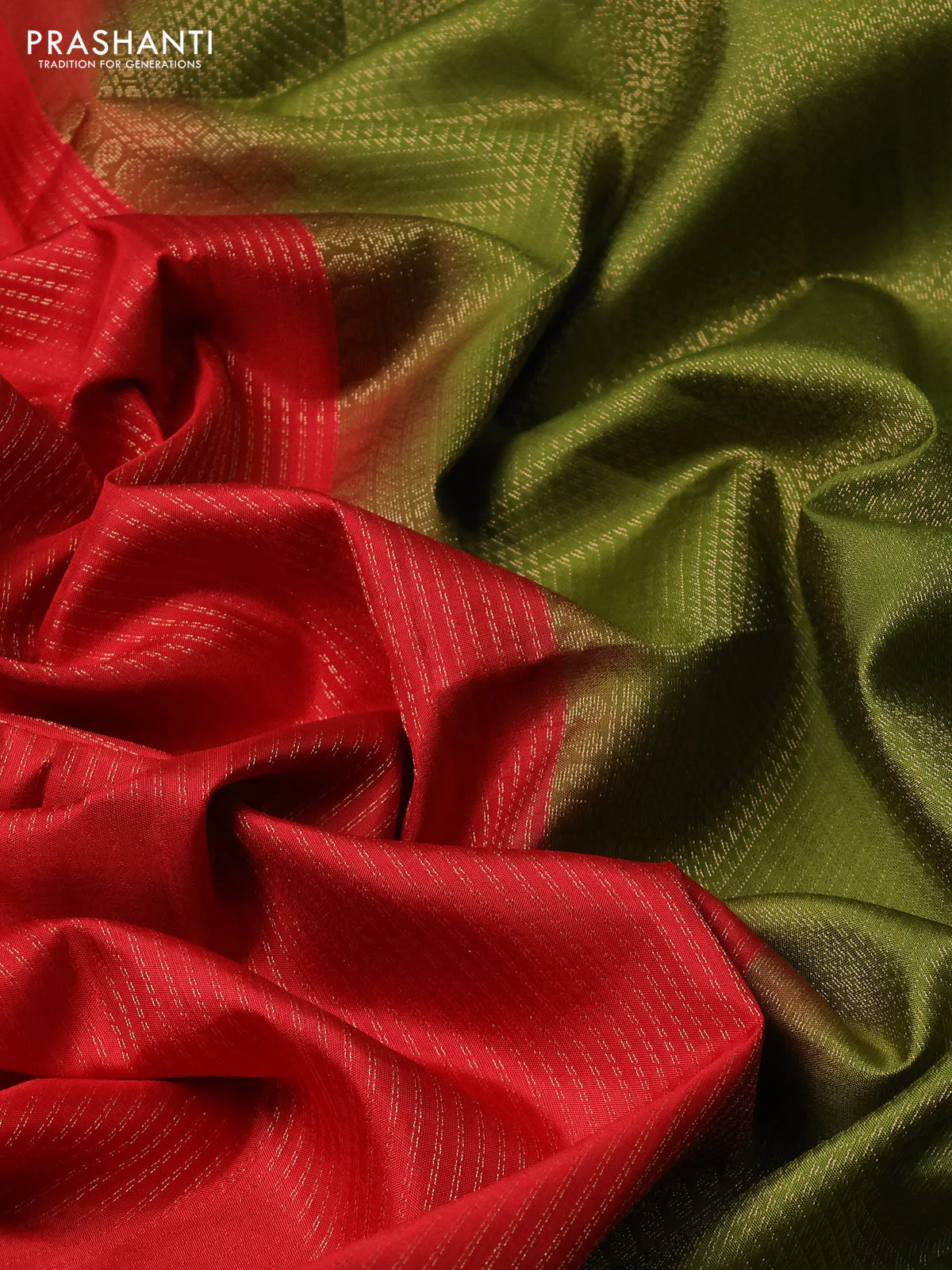 Pure soft silk saree red and mehendi green with allover zari weaves and long zari woven border - Image 3