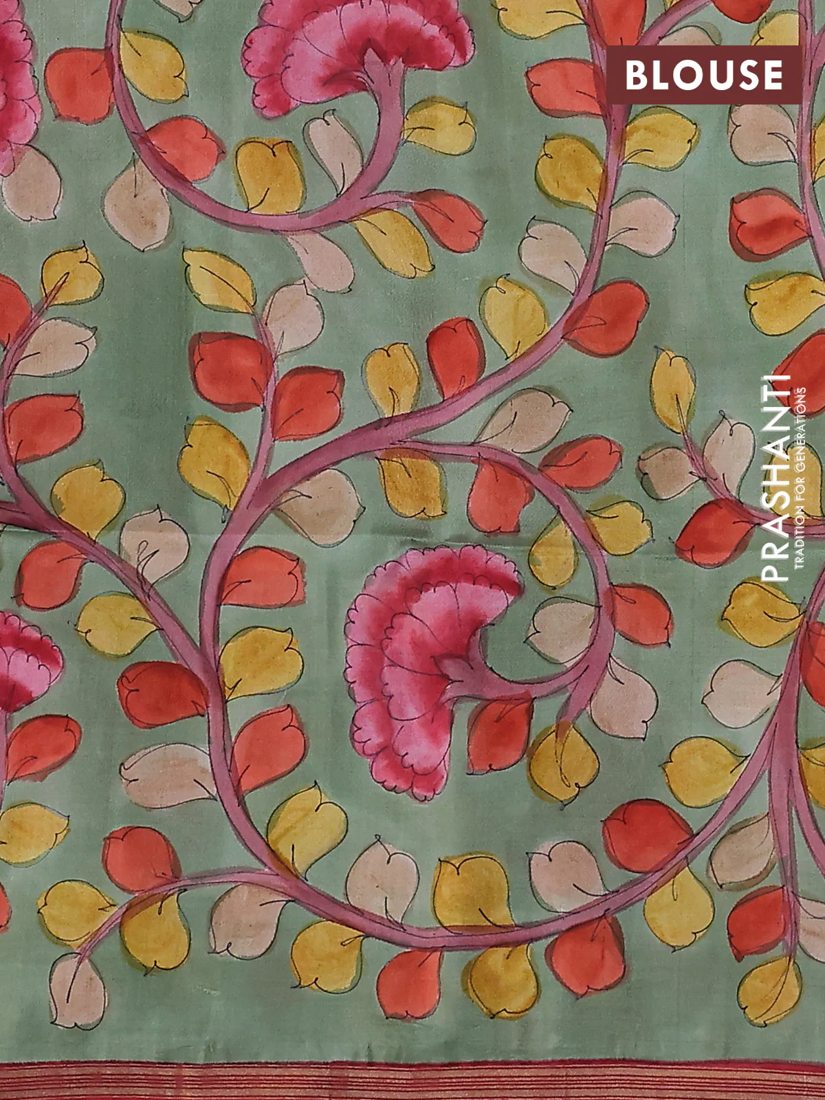Pure soft silk saree red and pastel green with plain body and kalamkari hand painted pallu - Image 3