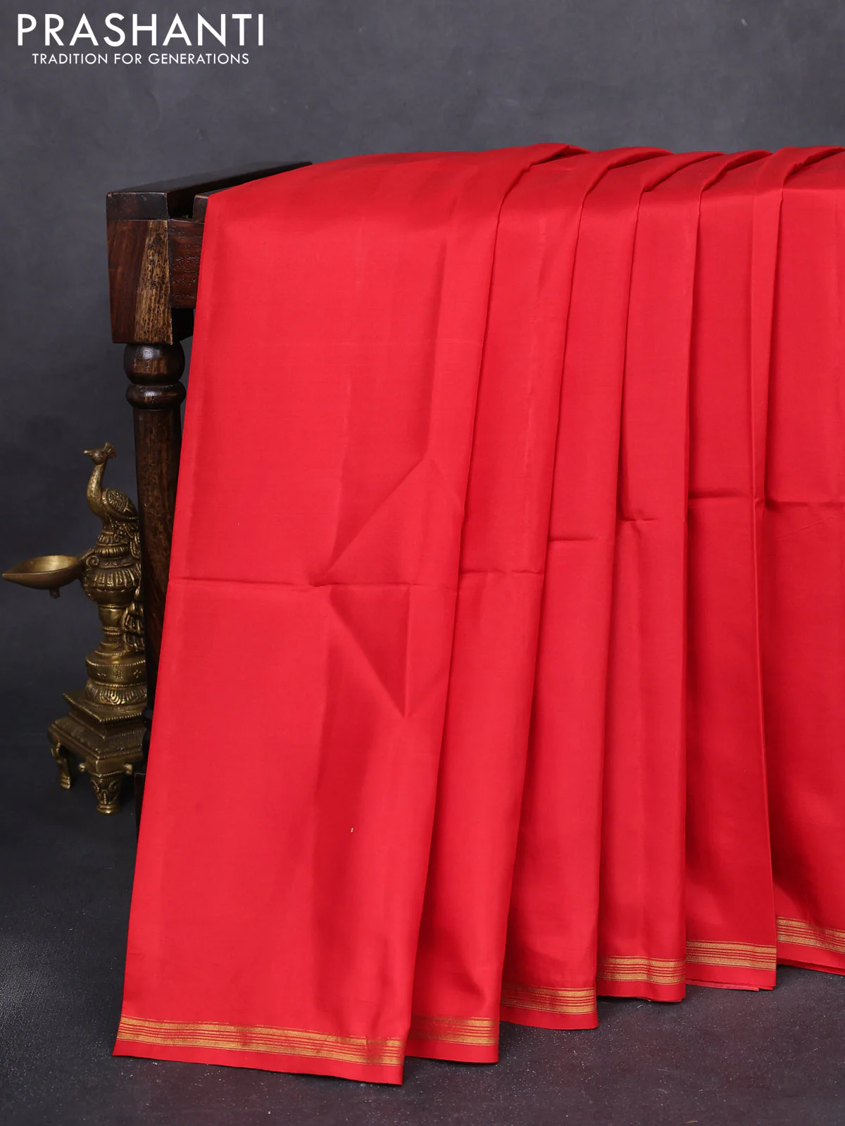 Pure soft silk saree red and yellow shade with plain body and kalamkari hand painted pallu - Image 2