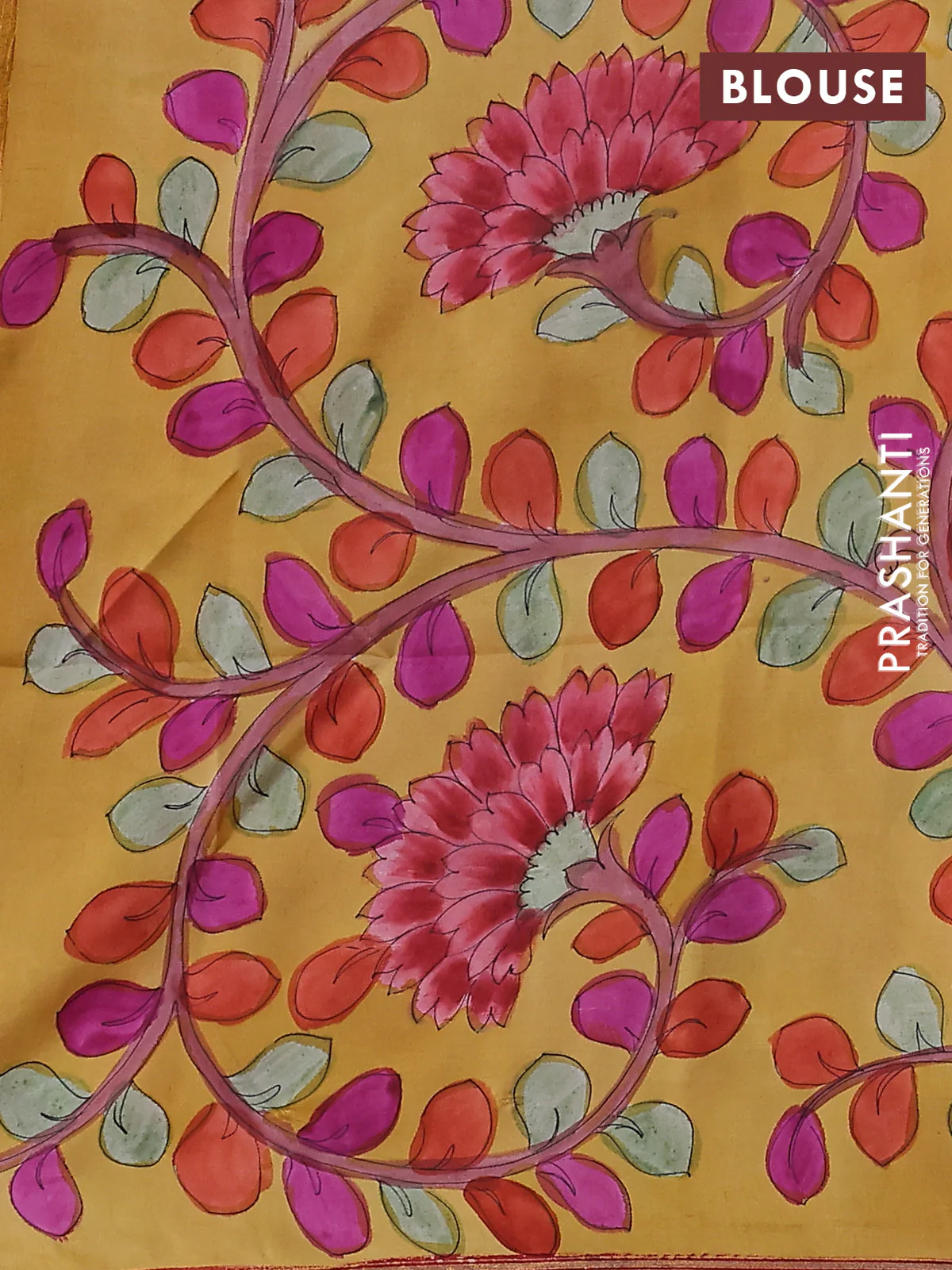 Pure soft silk saree red and yellow shade with plain body and kalamkari hand painted pallu - Image 3