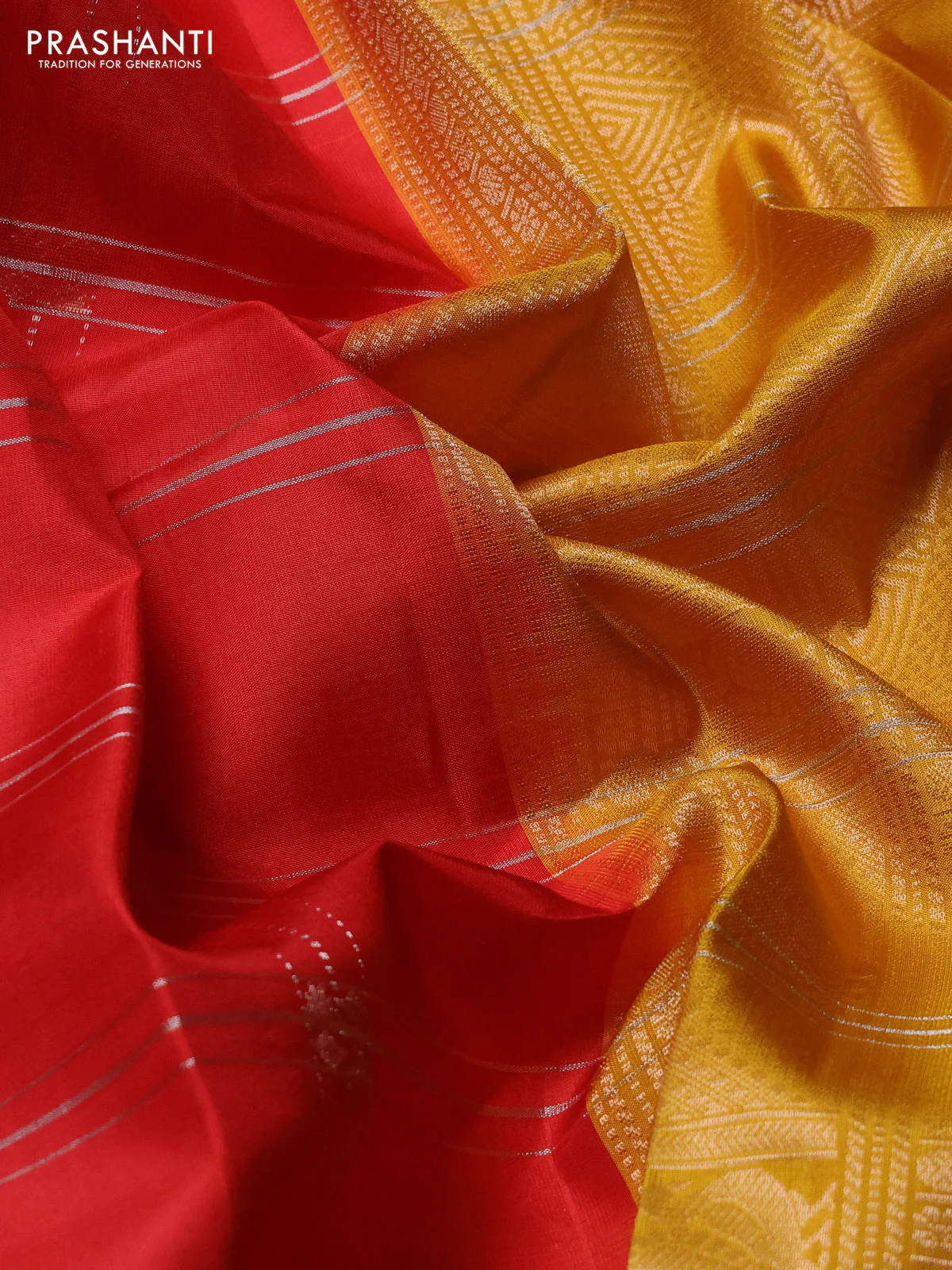 Pure soft silk saree red and yellow with allover zari weaves & buttas and rettapet zari woven border - Image 3