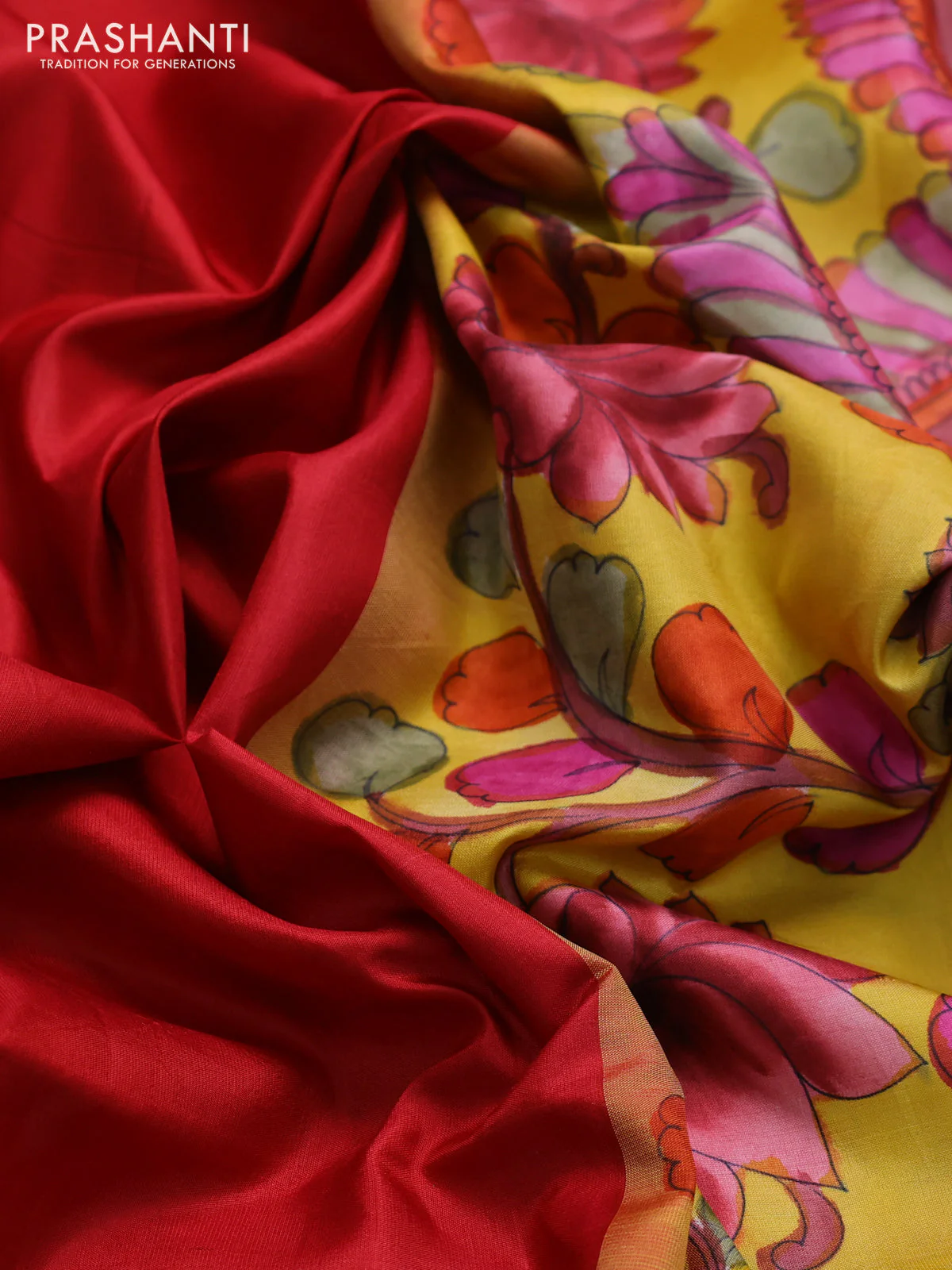 Pure soft silk saree red and yellow with plain body and hand painted kalamkari printed pallu - Image 3