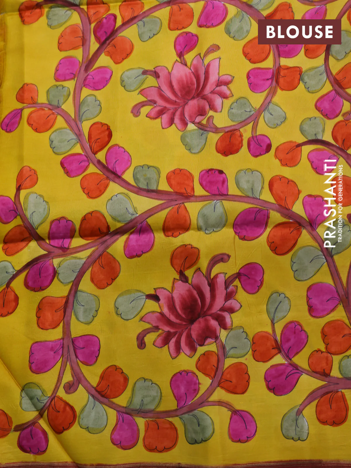 Pure soft silk saree red and yellow with plain body and hand painted kalamkari printed pallu - Image 4