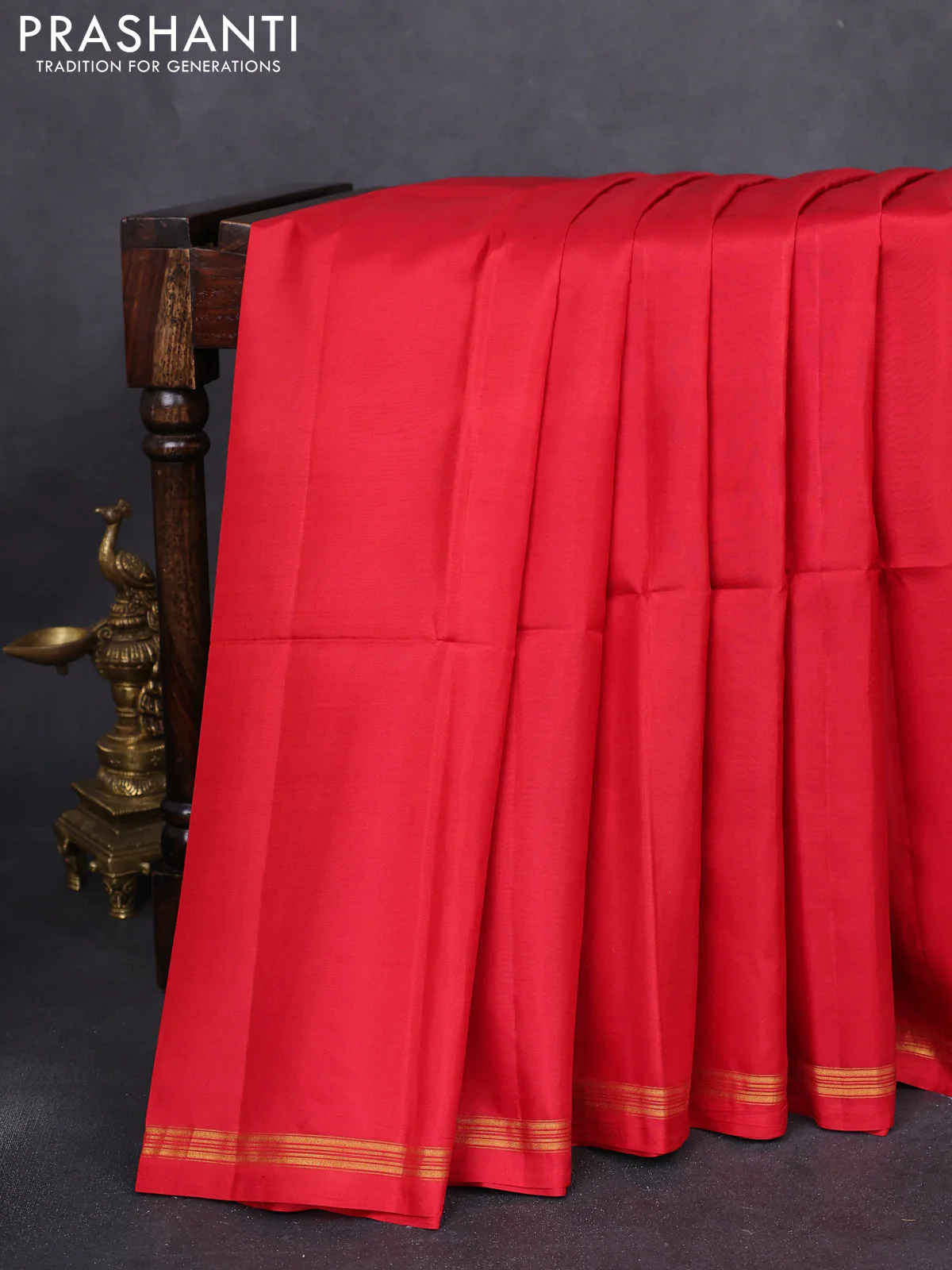 Pure soft silk saree red and yellow with plain body and kalamkari hand painted pallu - Image 2