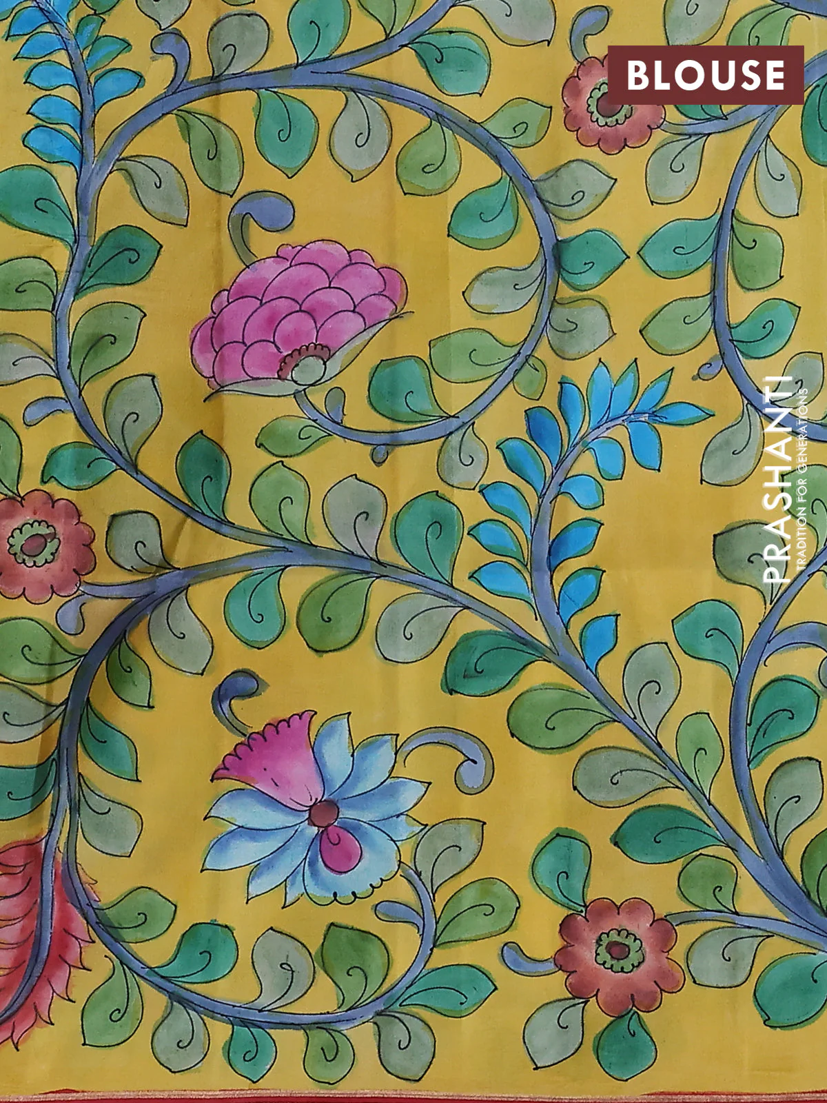 Pure soft silk saree red and yellow with plain body and kalamkari hand painted pallu - Image 3