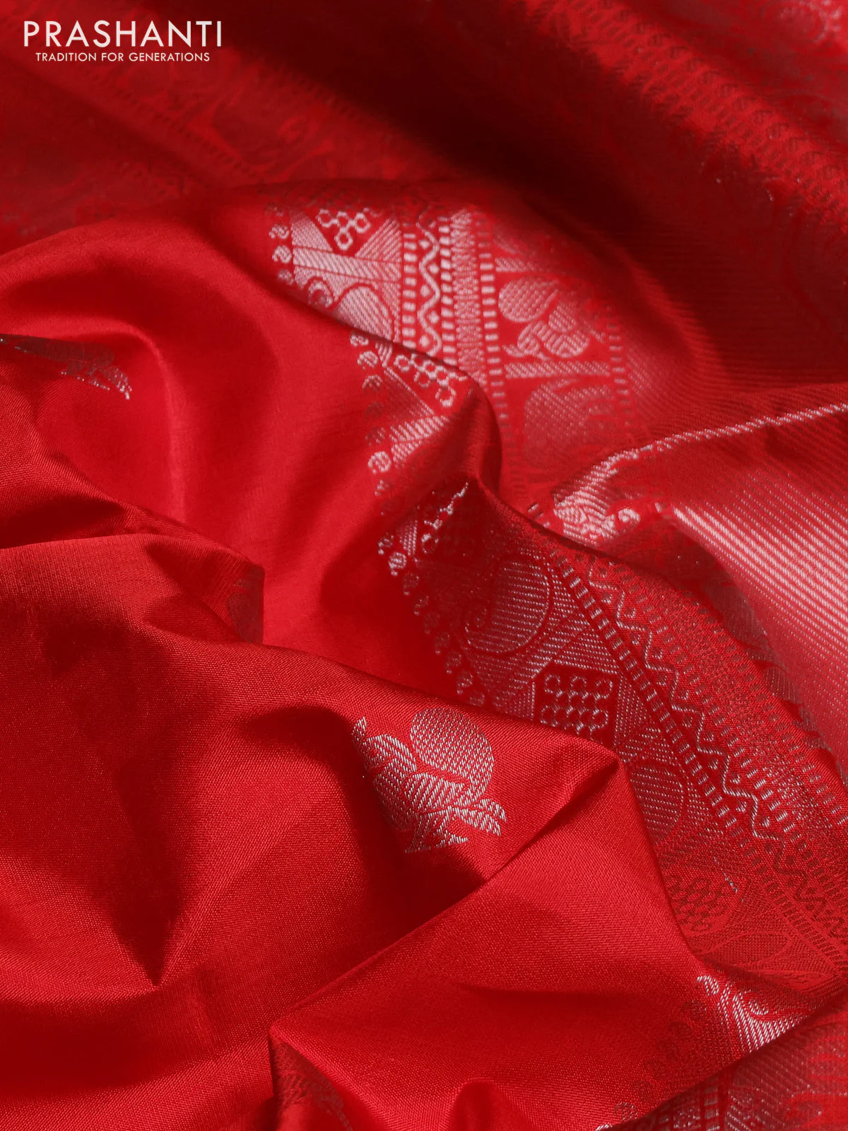 Pure soft silk saree red with allover silver annam zari woven buttas and zari woven border - Image 3