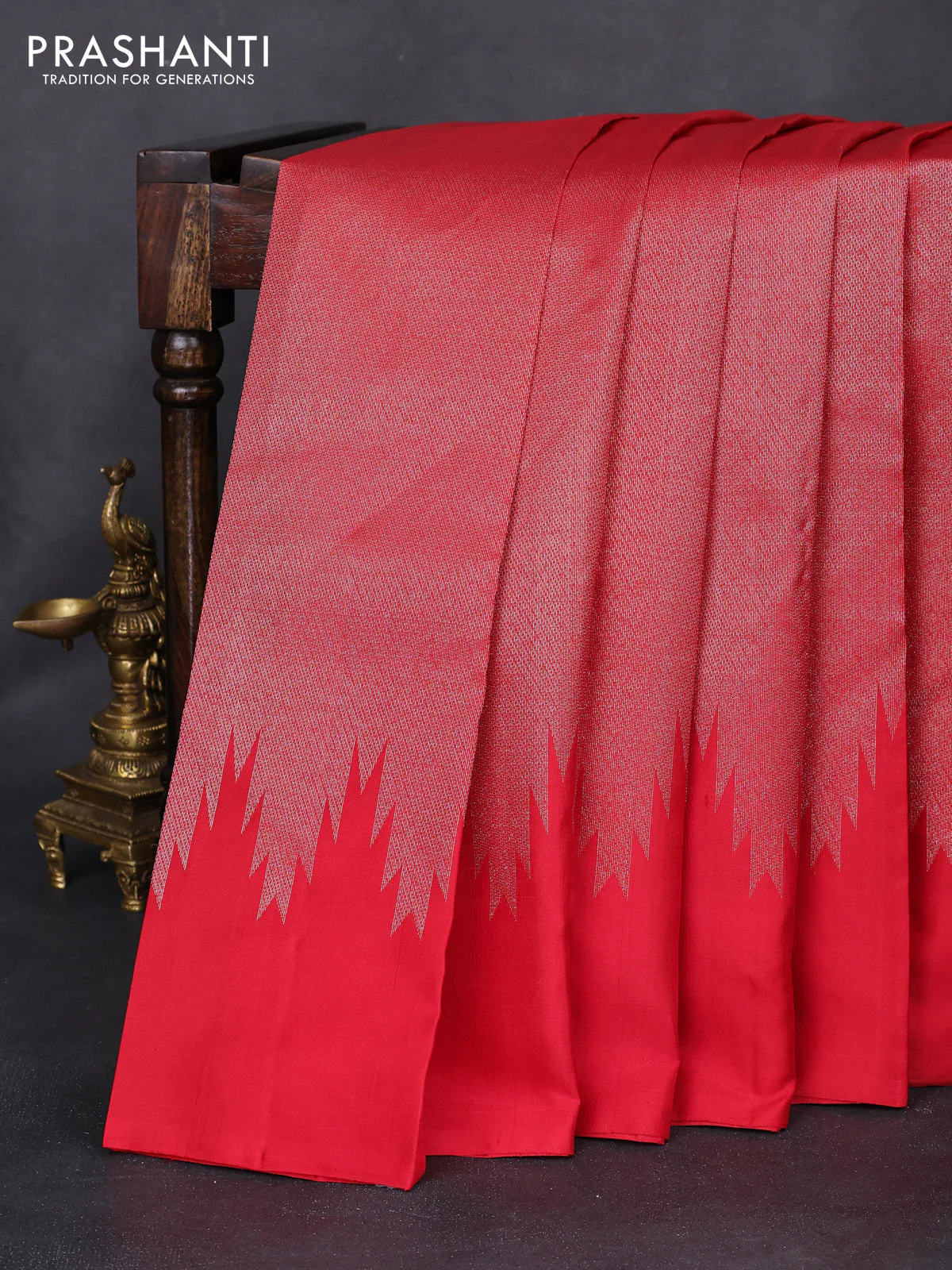 Pure soft silk saree red with allover silver zari woven brocade weaves in borderless style
