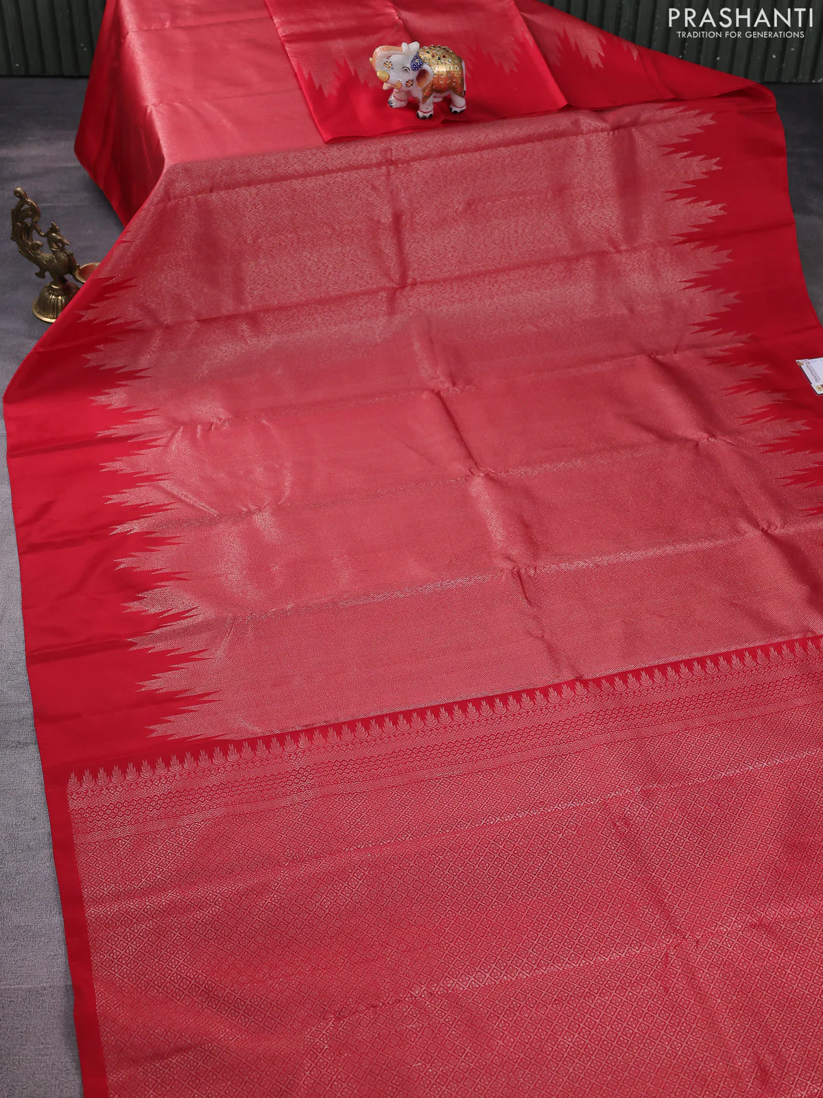 Pure soft silk saree red with allover silver zari woven brocade weaves in borderless style - Image 2